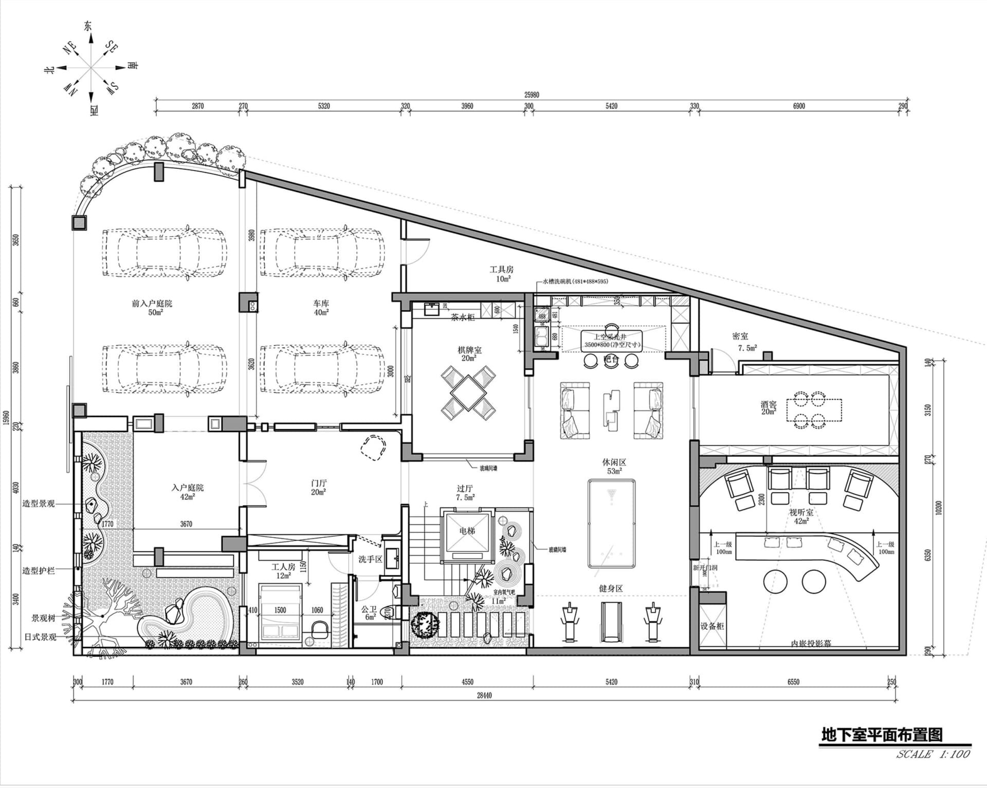 一張詳細的建築圖，展示現代住宅一樓的空間配置與房間布局。