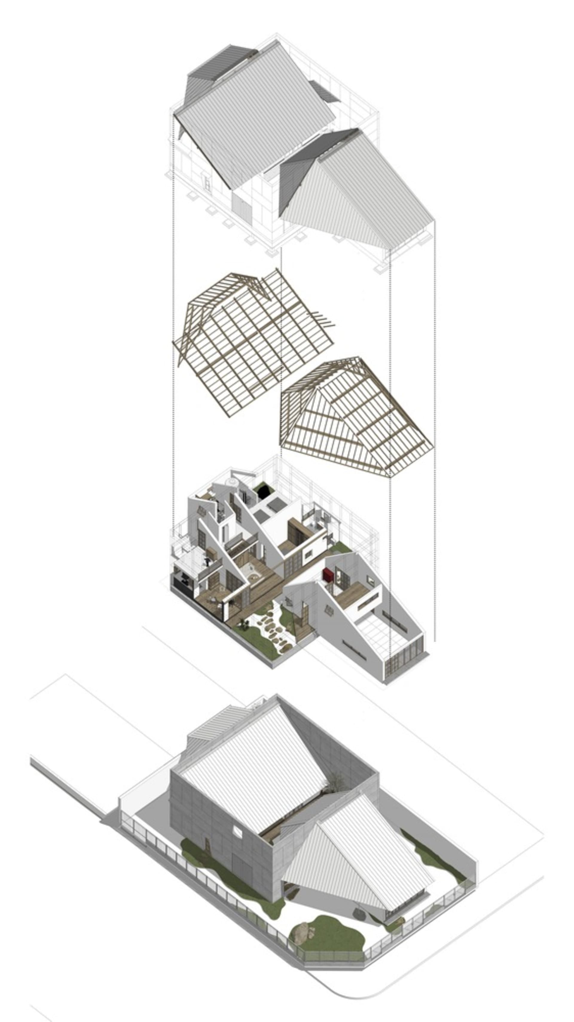 A modern residential architectural plan featuring a combination of wood, glass, and concrete materials.