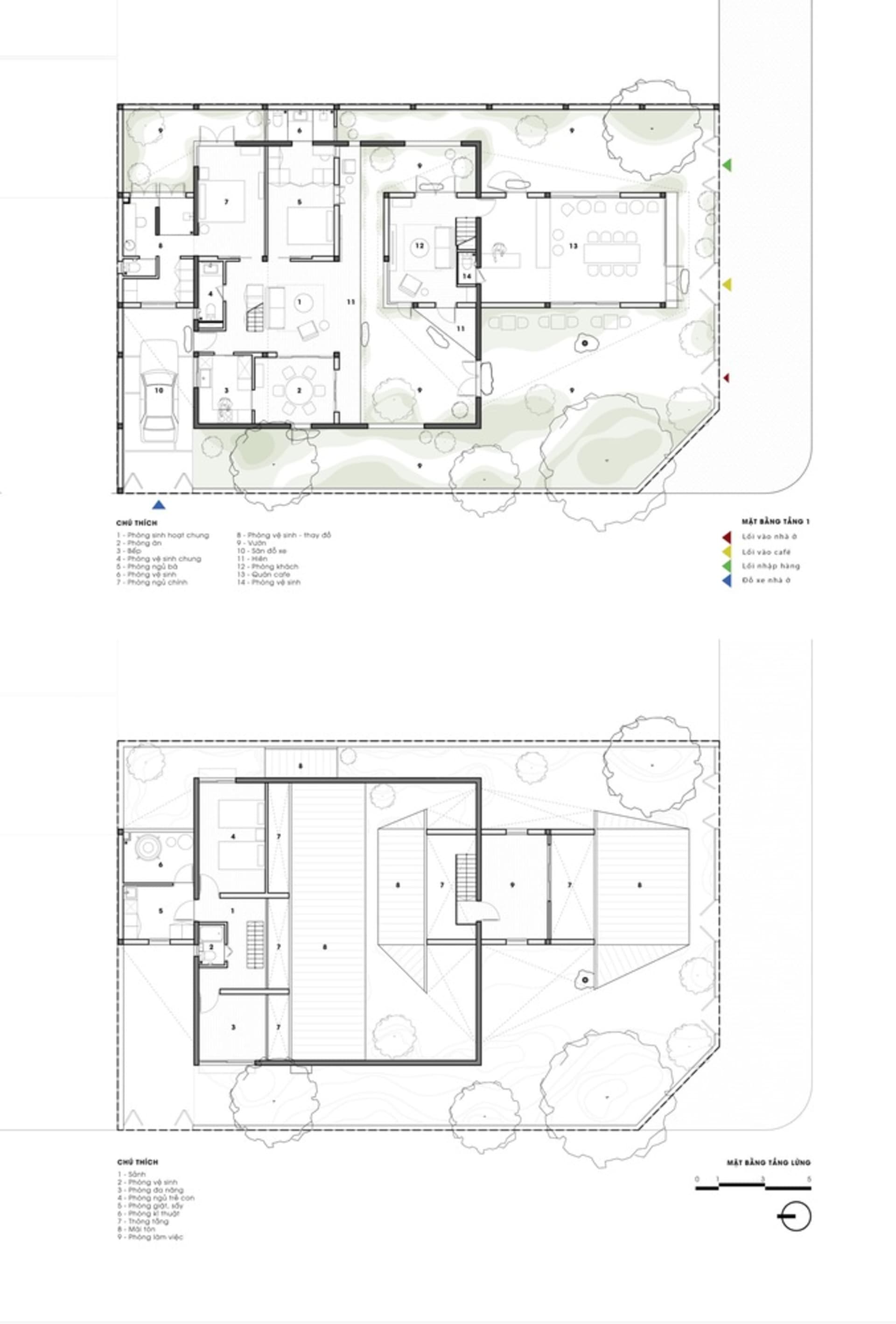 Floor plan of a modern residential house with multiple rooms and outdoor spaces.