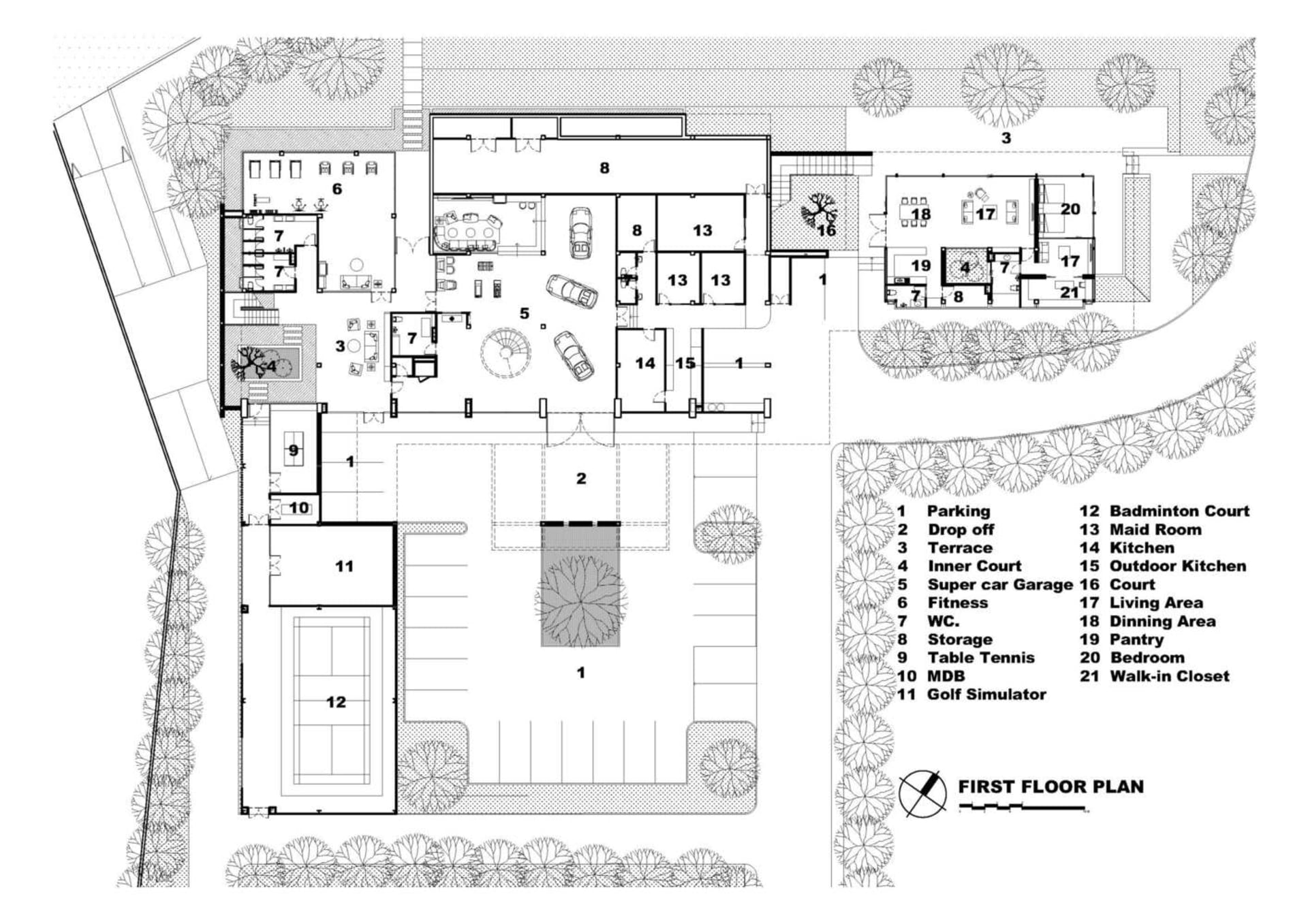 現代住宅建築的一樓平面圖,展示各種功能區域與特色。