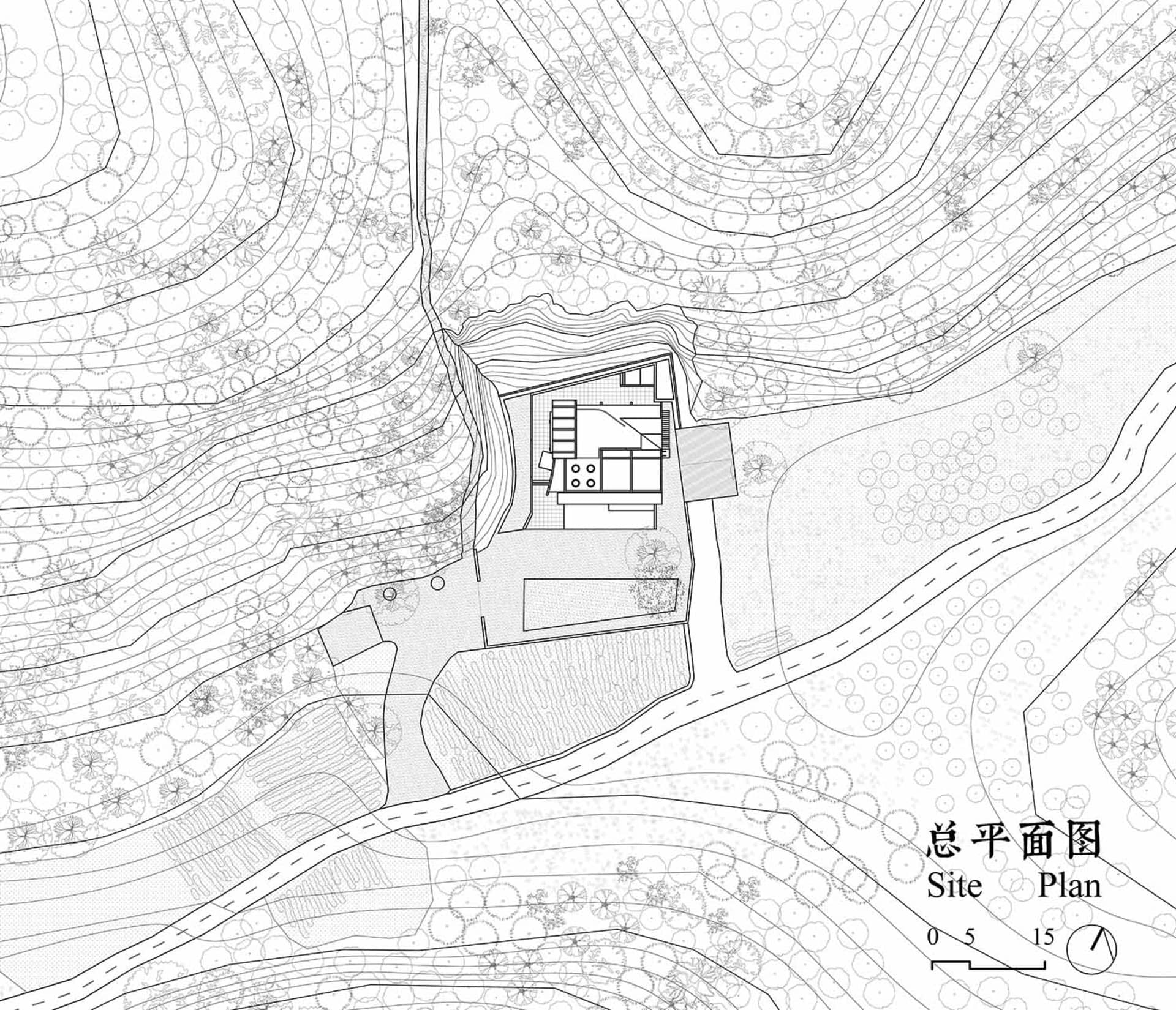 A detailed architectural site plan depicting a landscape architectural design with trees, contours, and building placements.