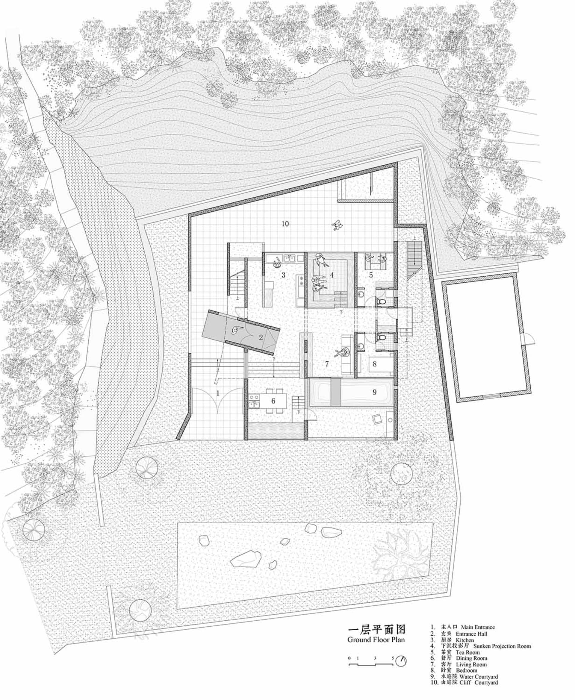 A detailed 2D architectural drawing of a modern residential ground floor plan featuring concrete and glass materials.