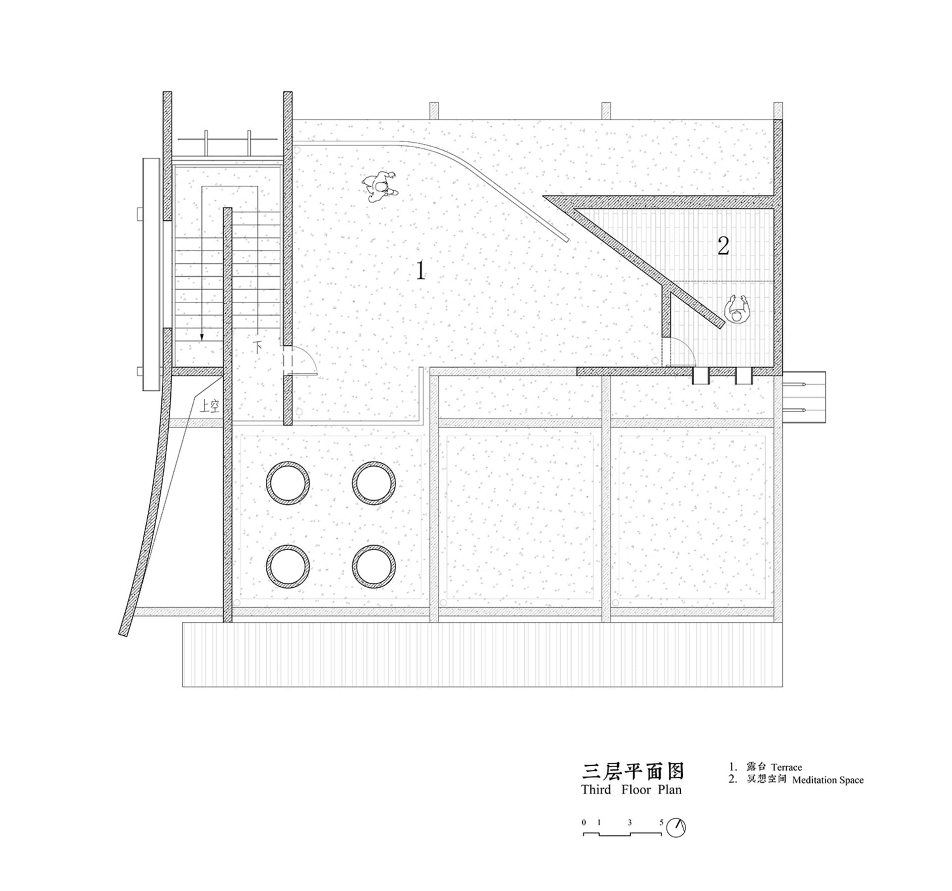 Floor plan of a modern residential space showcasing wooden construction details.
