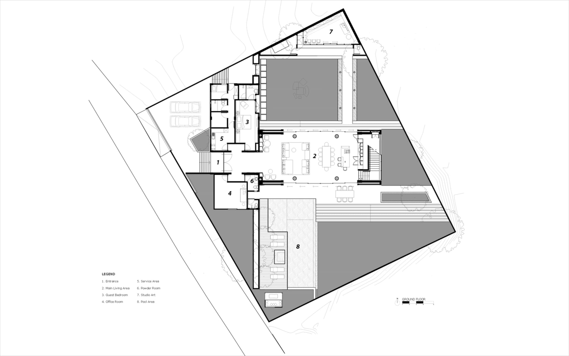 現代房屋地面樓層平面圖,展示寬敞客廳、廚房及戶外空間。