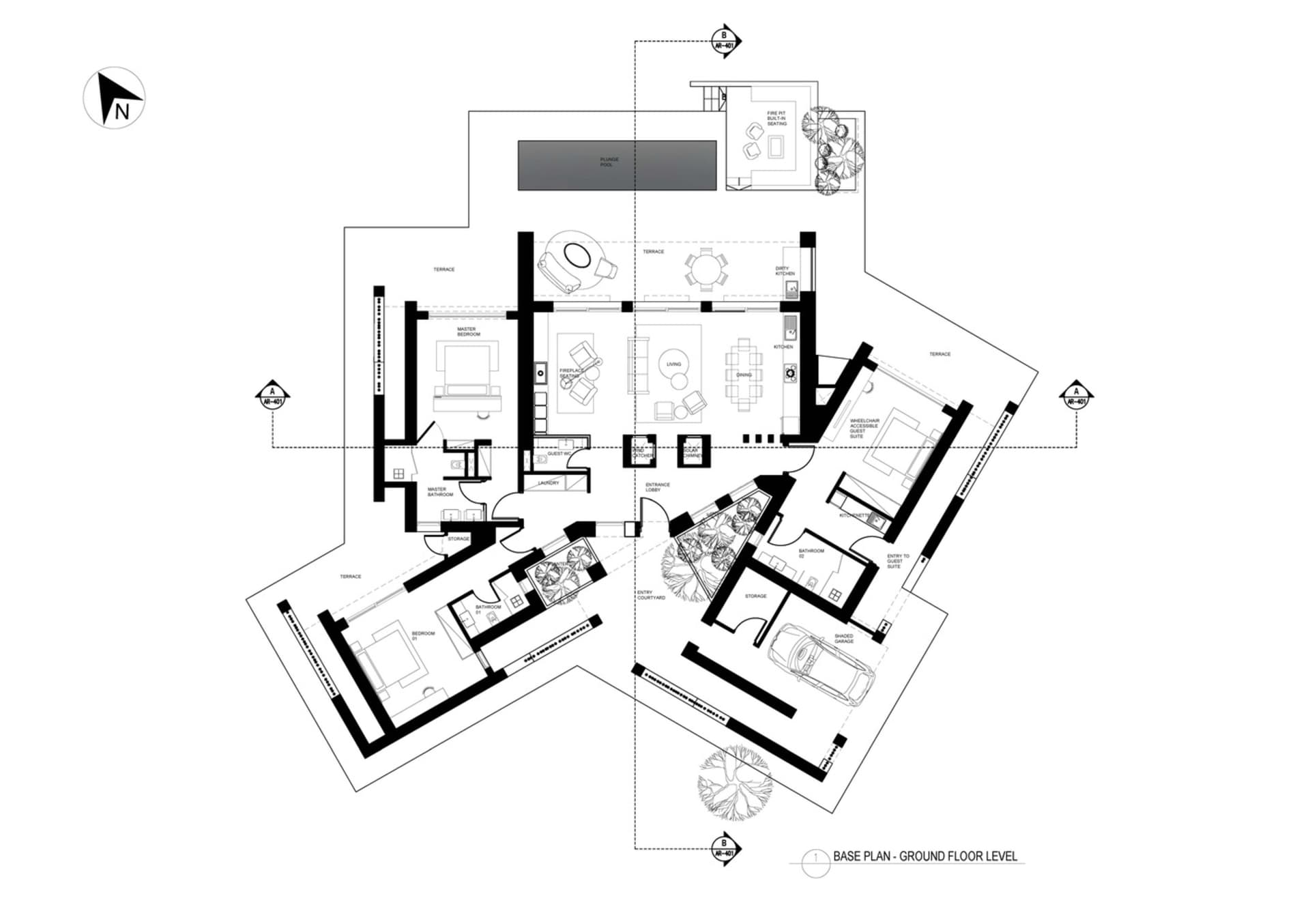 Floor plan of a modern residential layout featuring concrete and glass materials.