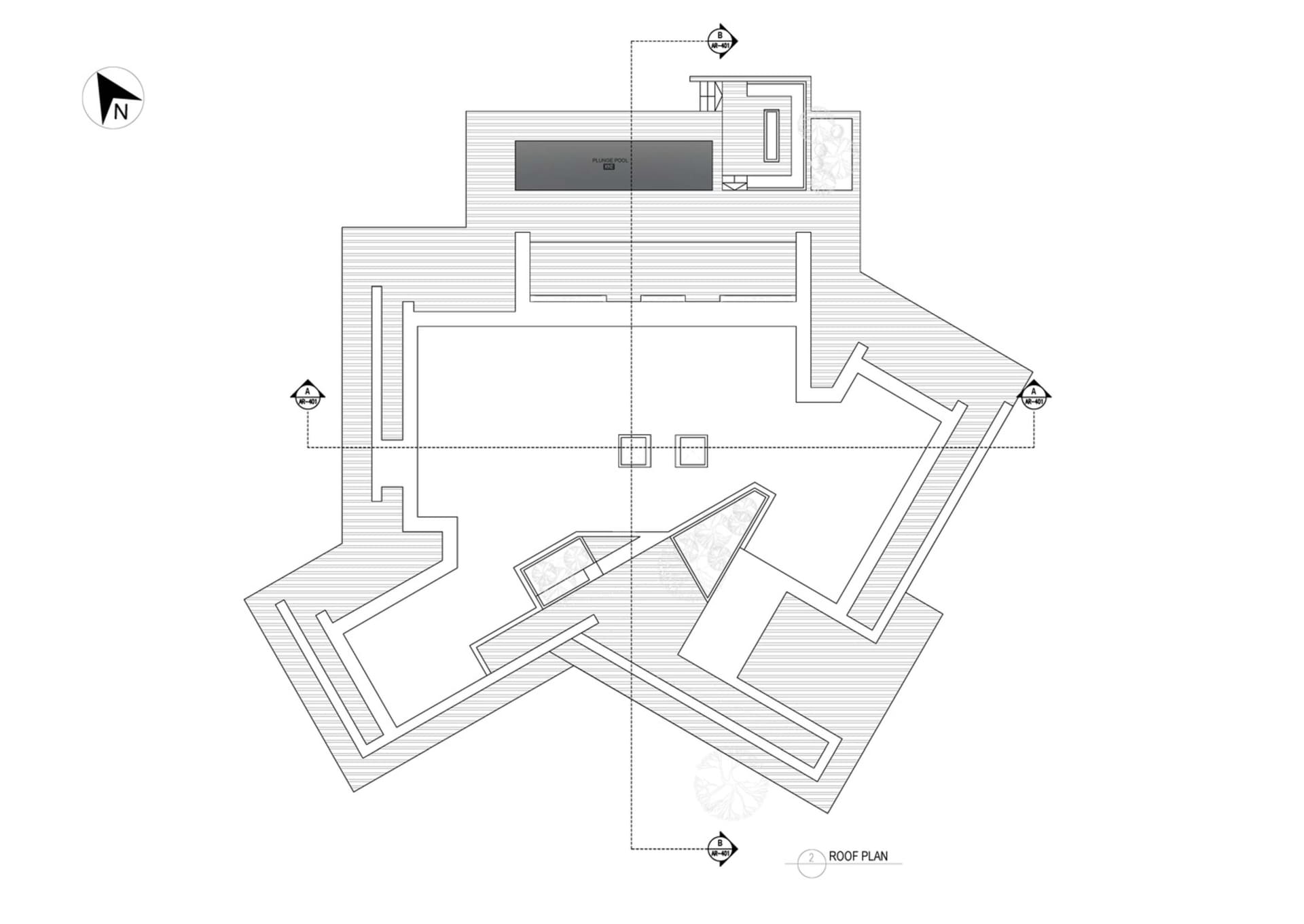 Modern architectural floor plan on white background with a plunge pool and a roof deck.