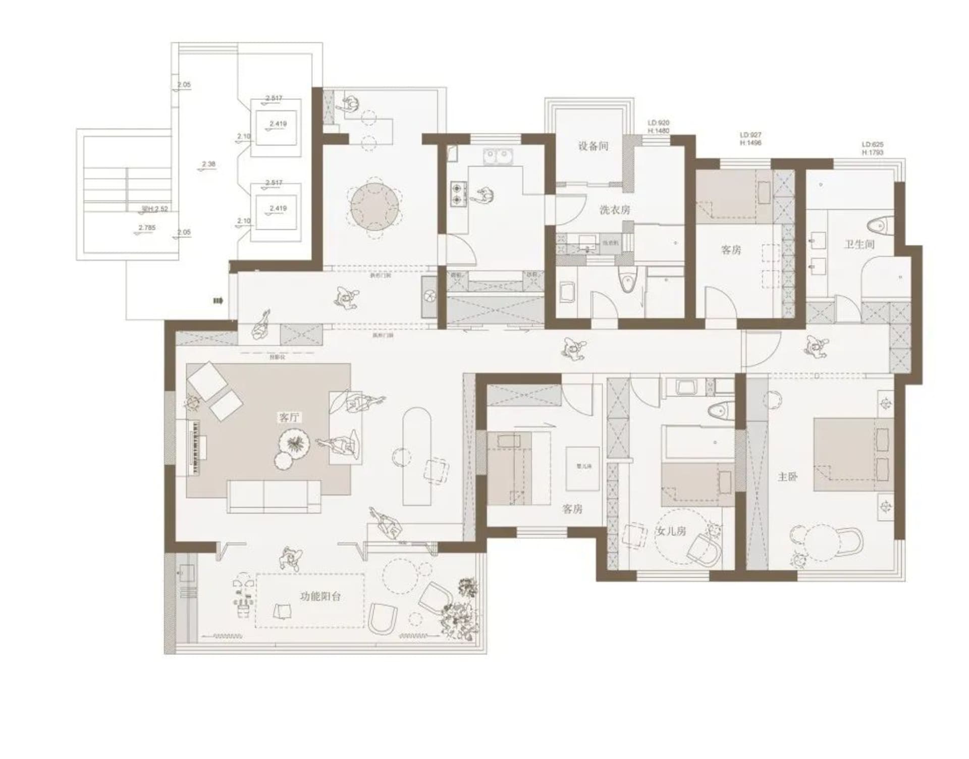 Modern home layout with neutral colors and an open-plan living area, showing a living room, kitchen, and balcony.