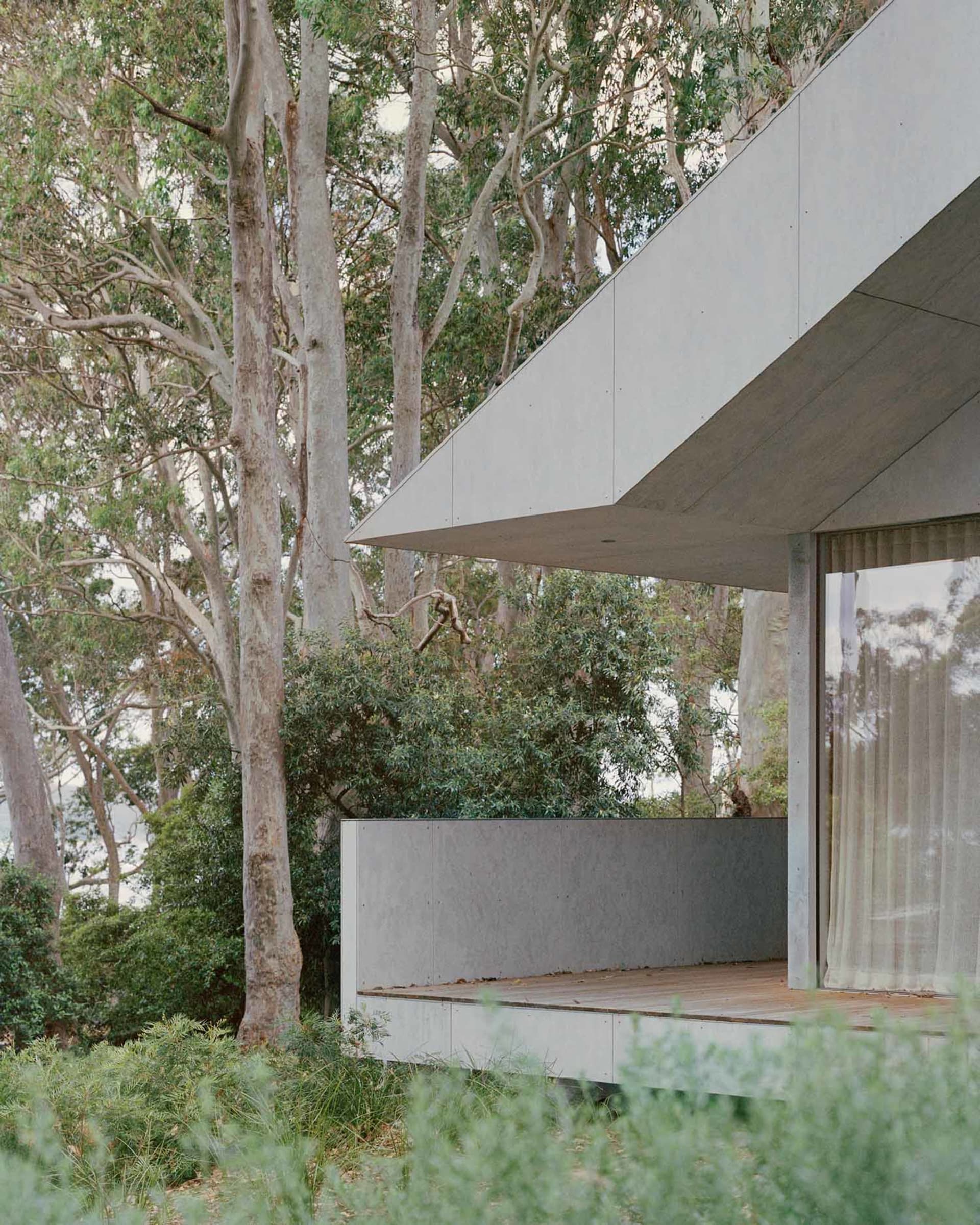 A modern house with a concrete exterior surrounded by trees.