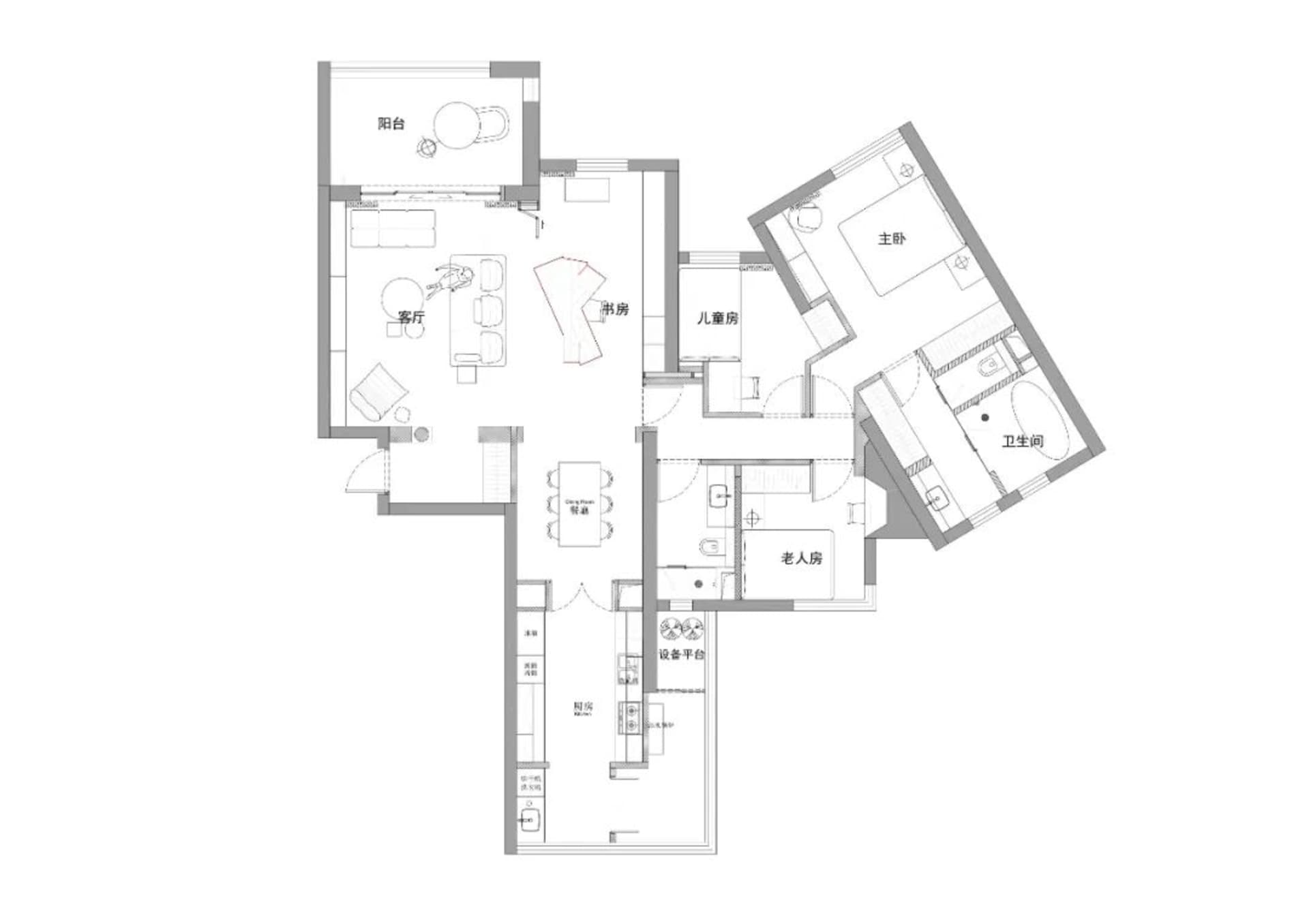 Floor plan of a house with multiple rooms, including a living room, kitchen, dining room, bathroom, and bedrooms.