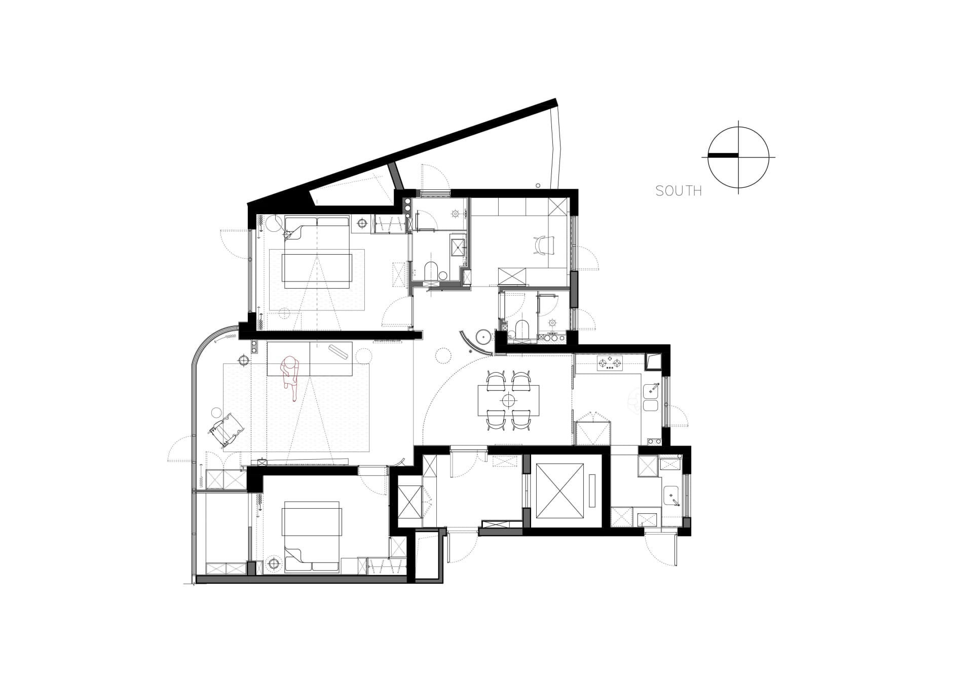 Floor plan of a modern apartment featuring a living room, dining area, kitchen, two bedrooms, and bathrooms.