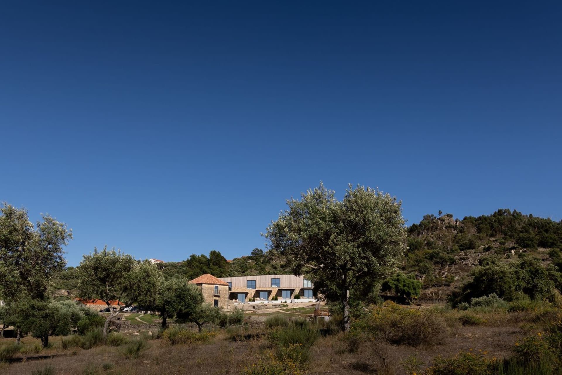 A stone residential house surrounded by a lush garden under a clear blue sky.