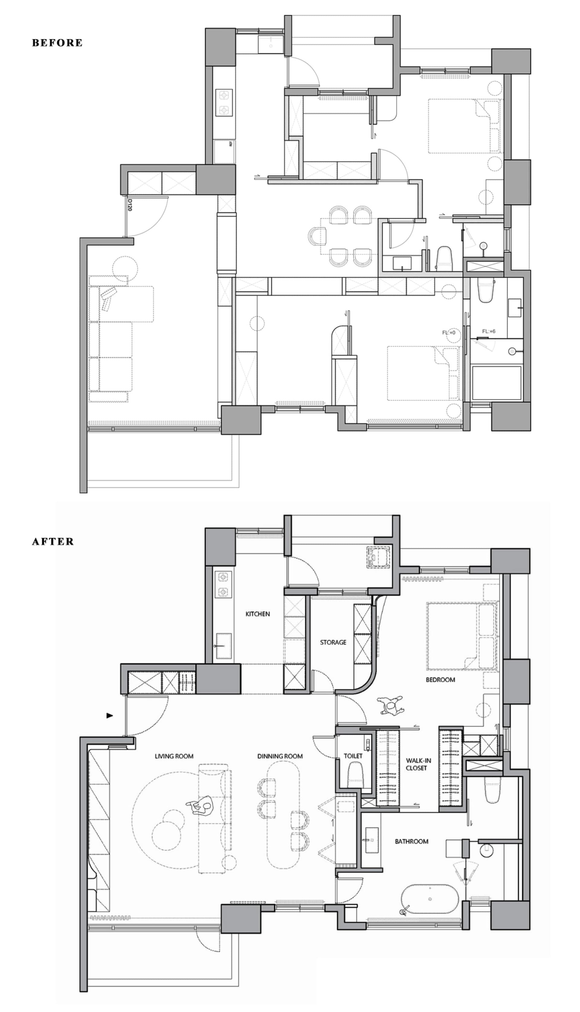 Floor plan comparison showing before and after designs of an interior space, including structural changes and functional zone
