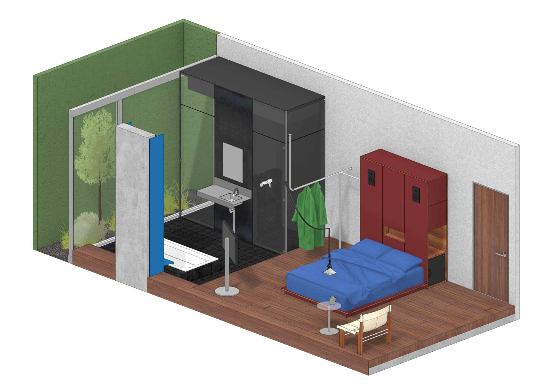 A modern bedroom with wooden flooring, a blue bed, and a red wardrobe against a white wall with a glass shower enclosure.