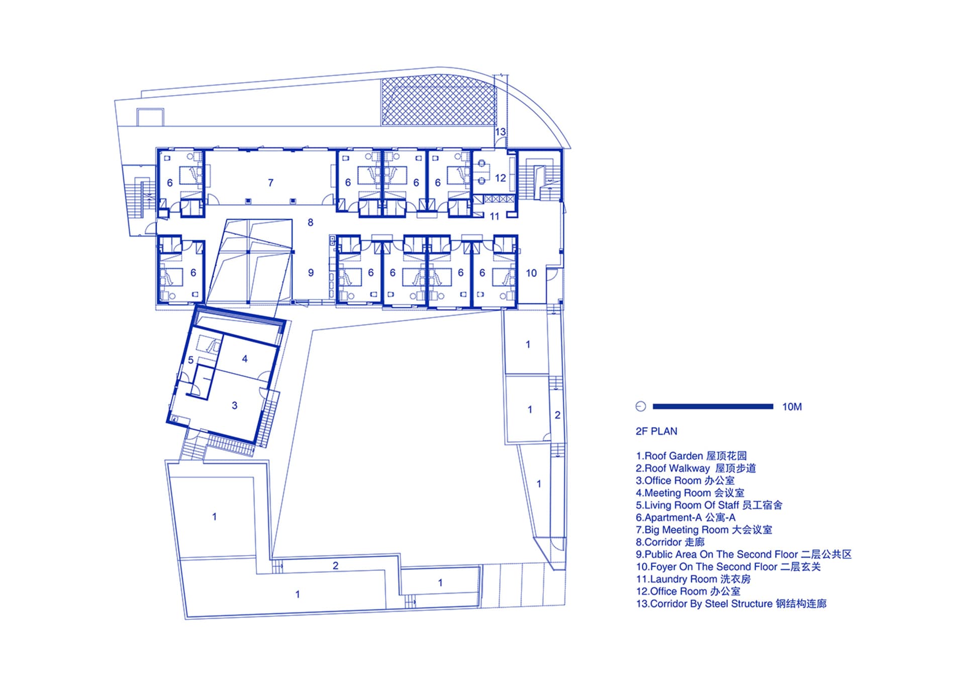 二樓辦公室空間的2D建築平面圖,展示開放式辦公室佈局,搭配鋼樑與混凝土