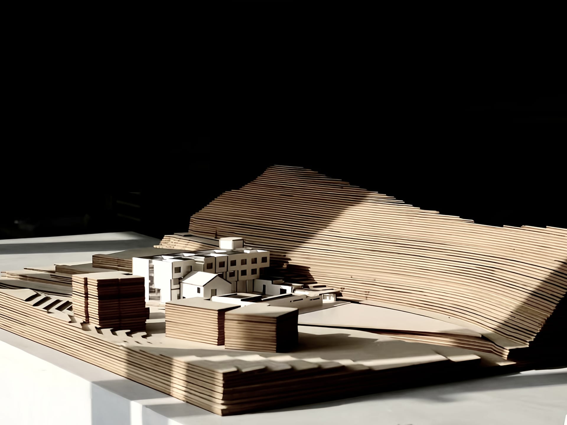 Model of an abstract urban plan constructed from wood and paper.