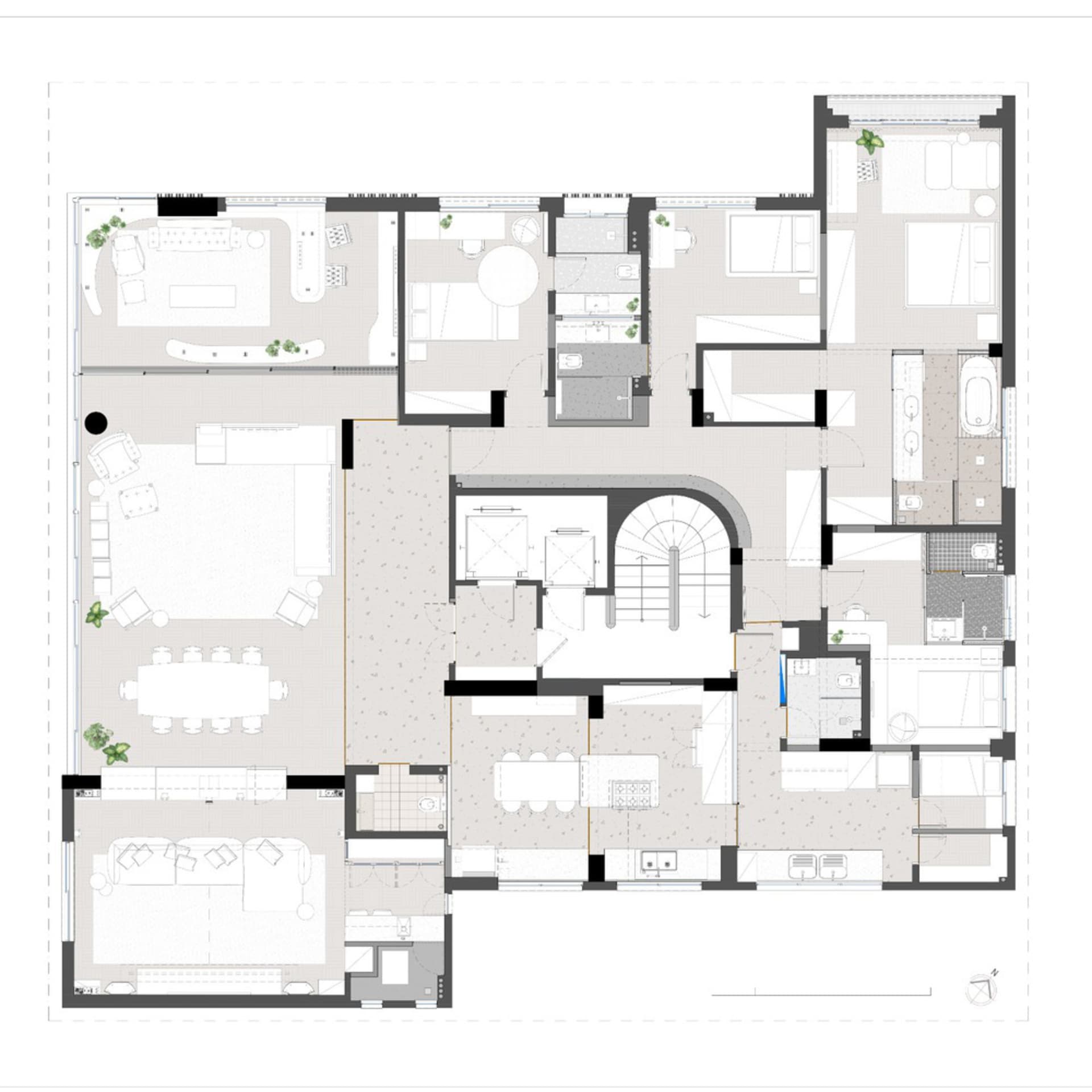 A detailed floor plan of a modern residential building, featuring open spaces and contemporary design elements.