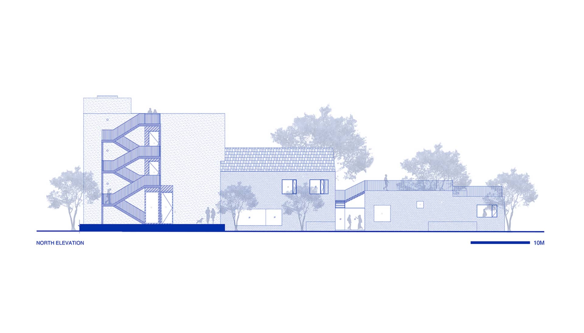 An architectural elevation drawing of a modern residential structure with mixed materials.