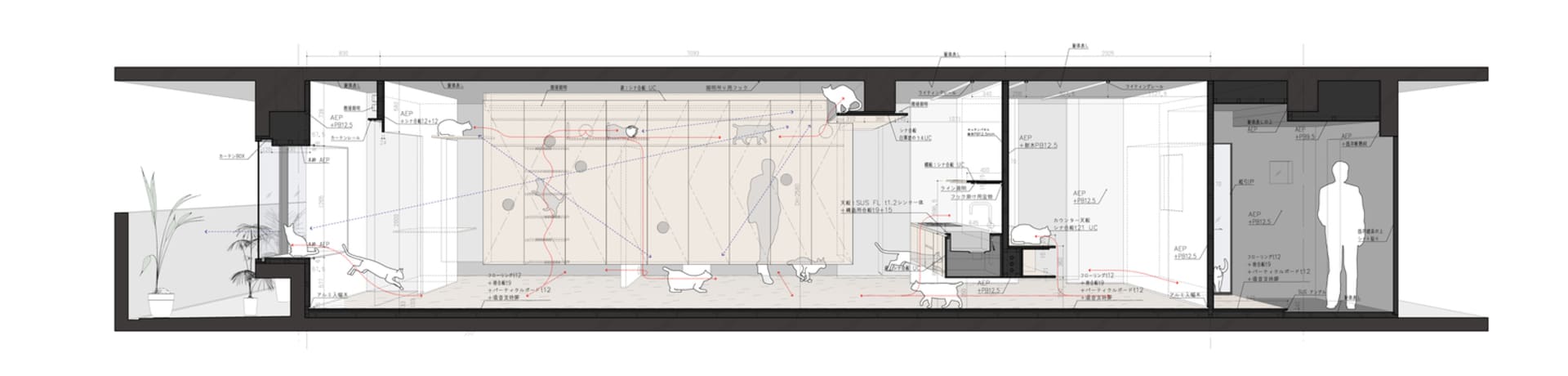 A modern living room with a textured couch, minimalistic design, and multiple cats.