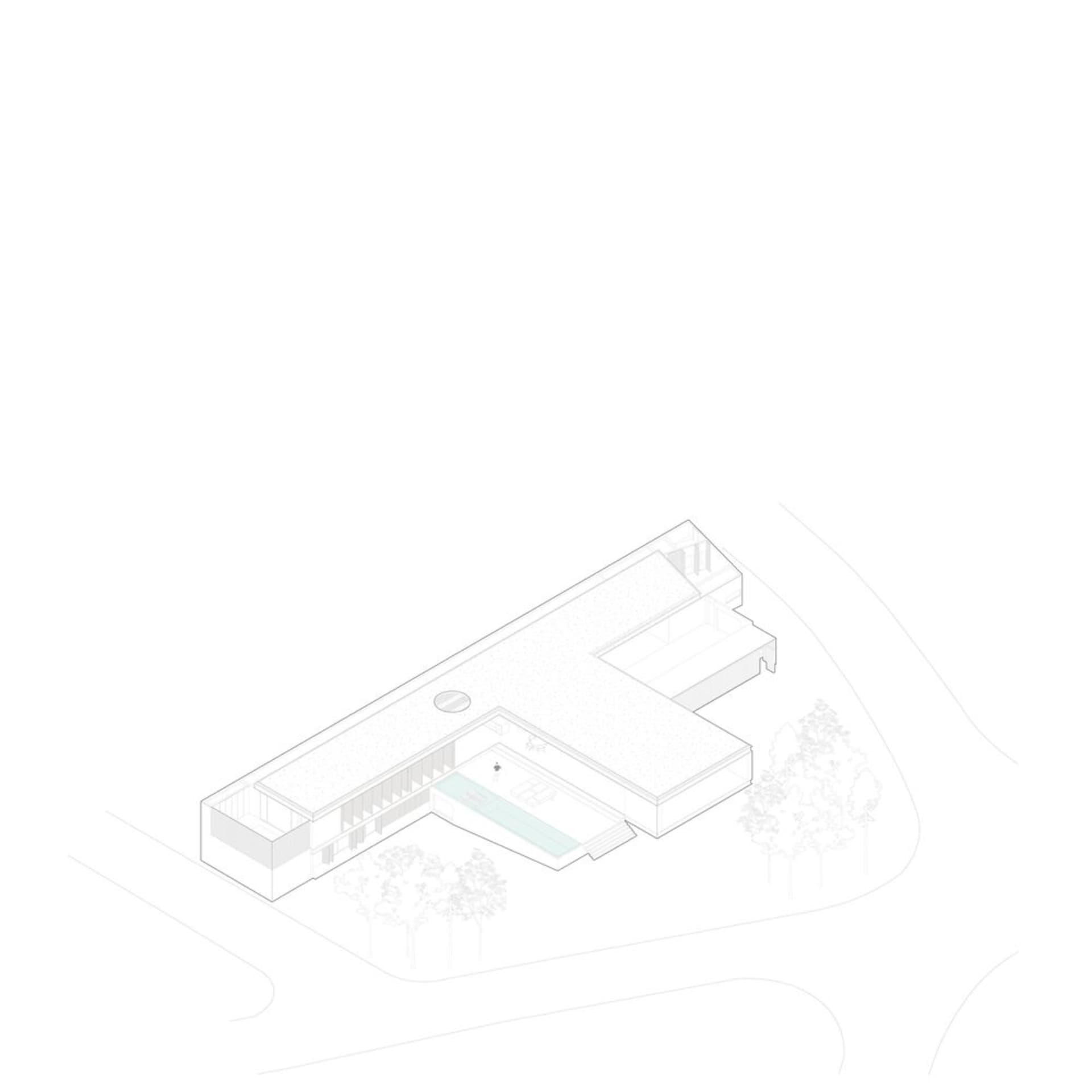 A modern house with concrete floors and a pool, rendered in 3D.