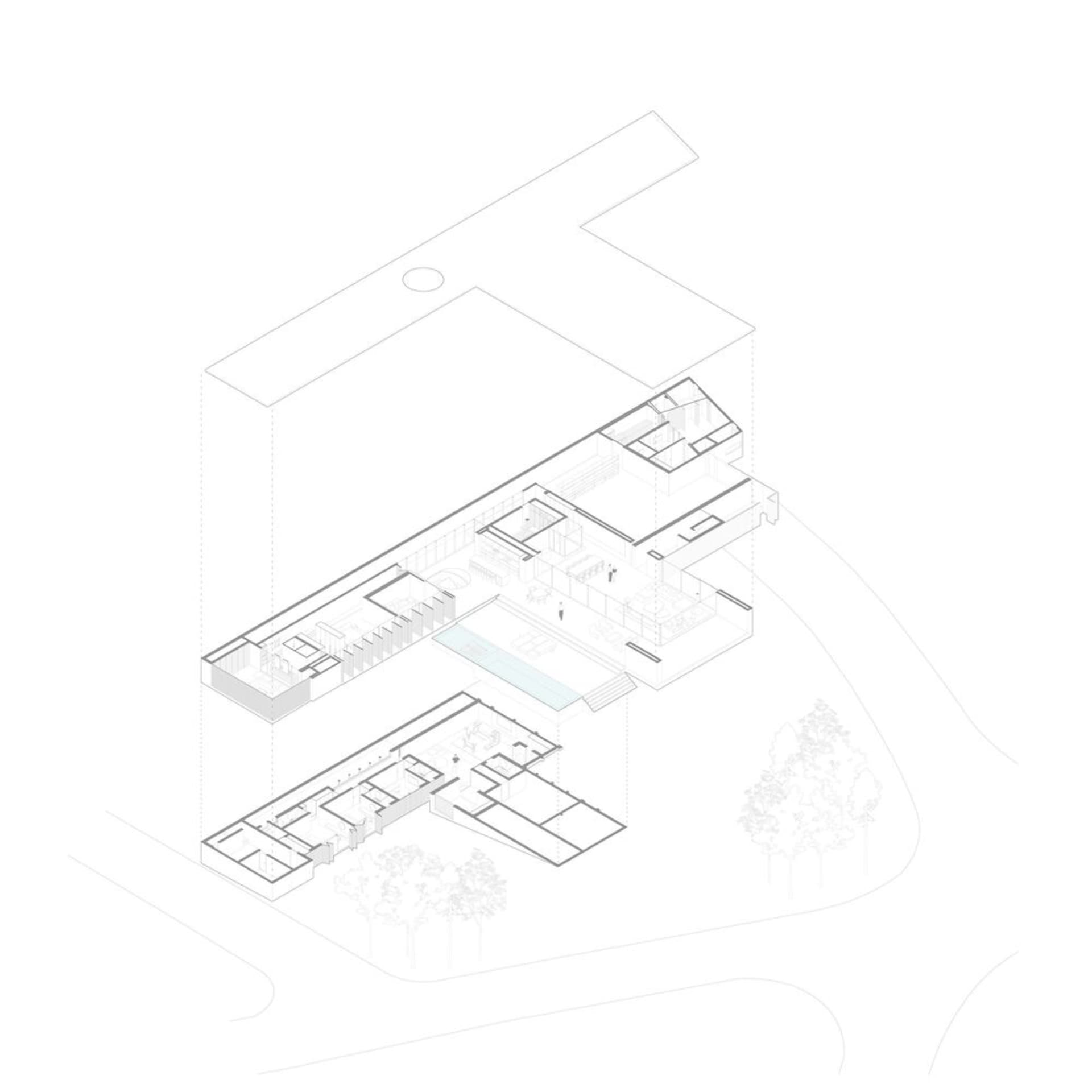 2D architectural drawing of a modern house's floor plan.