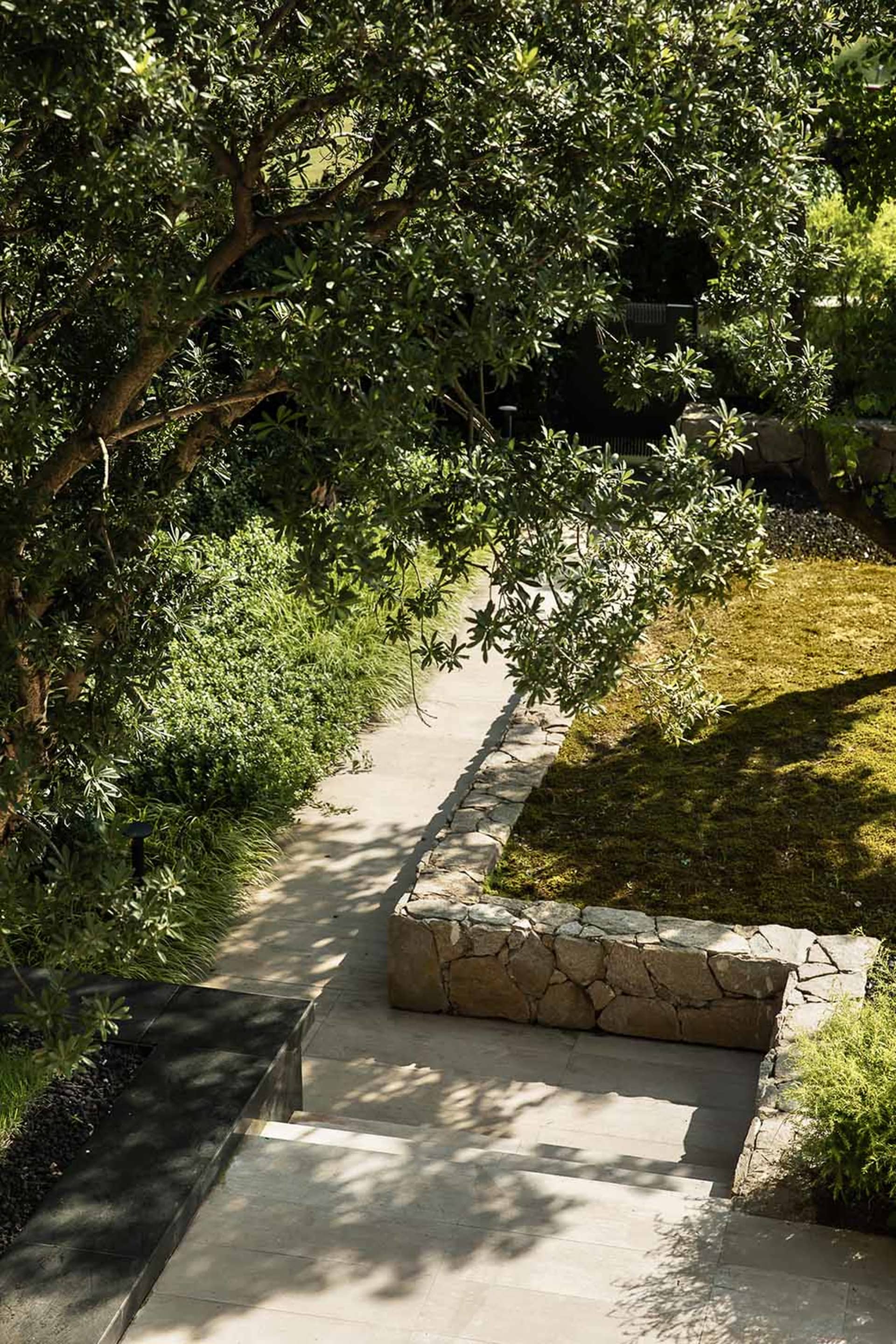 A modern landscape pathway made of stone pavers surrounded by greenery and trees.