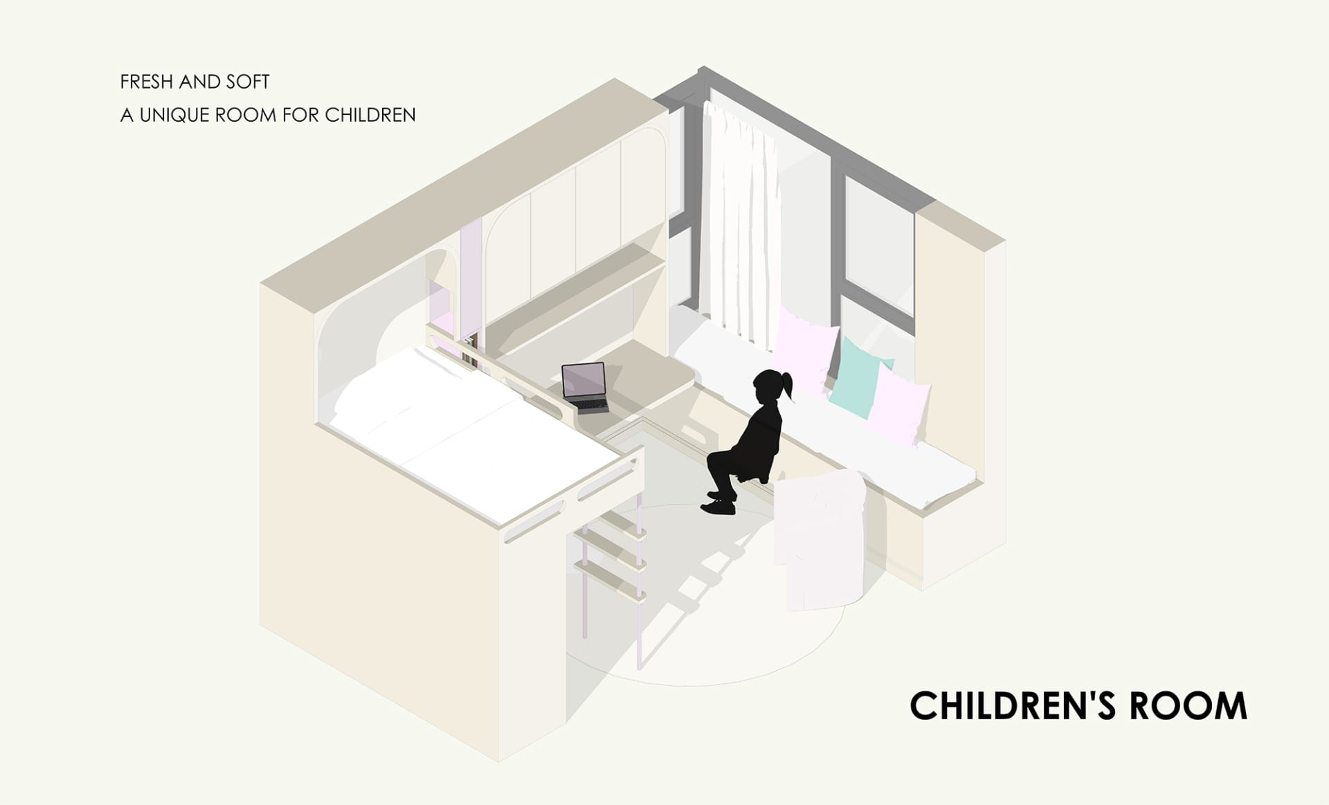 Minimalist bedroom design for children with a soft color palette and functional layout.