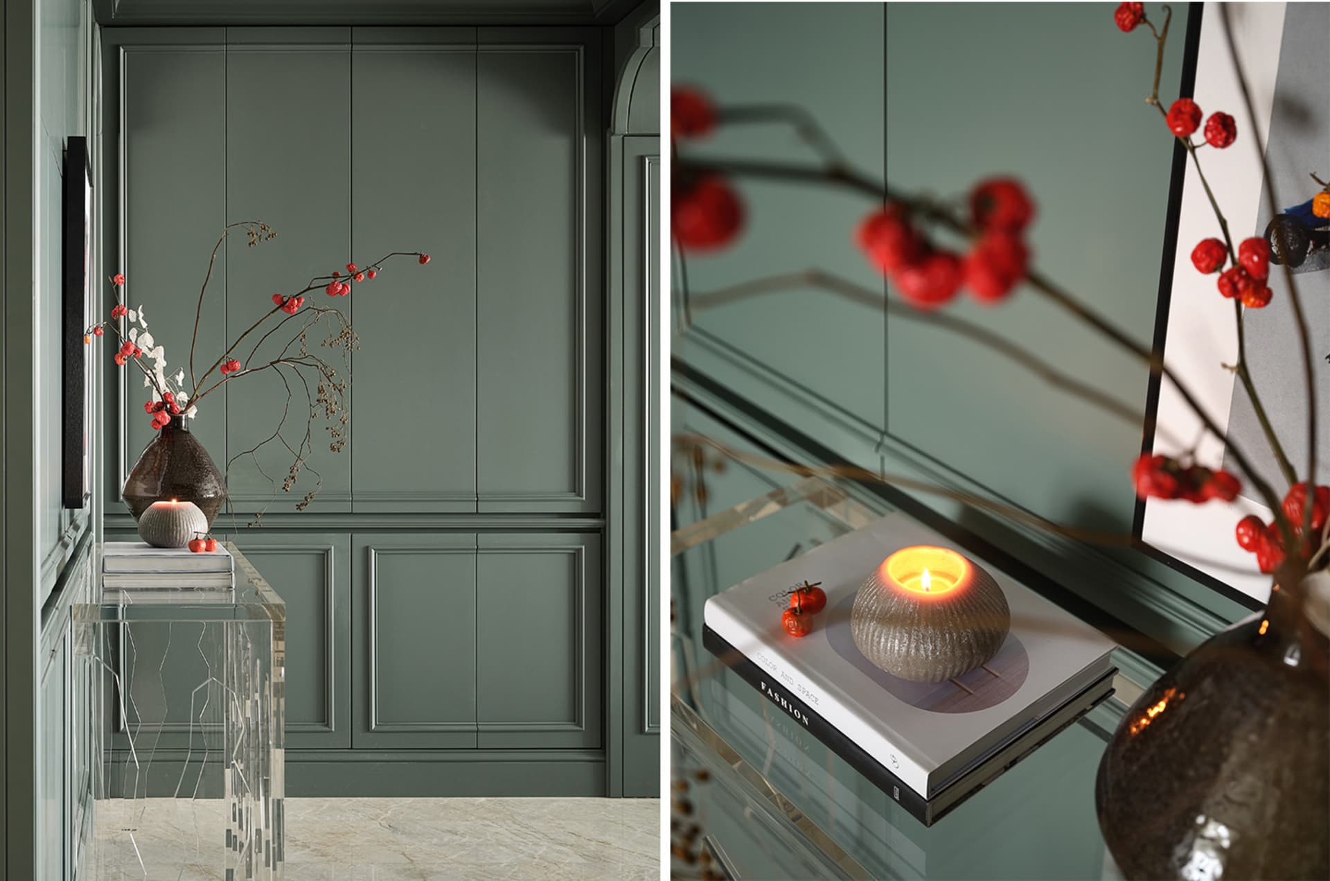 Modern living room with a glass side table featuring a decorative vase and lit candle.