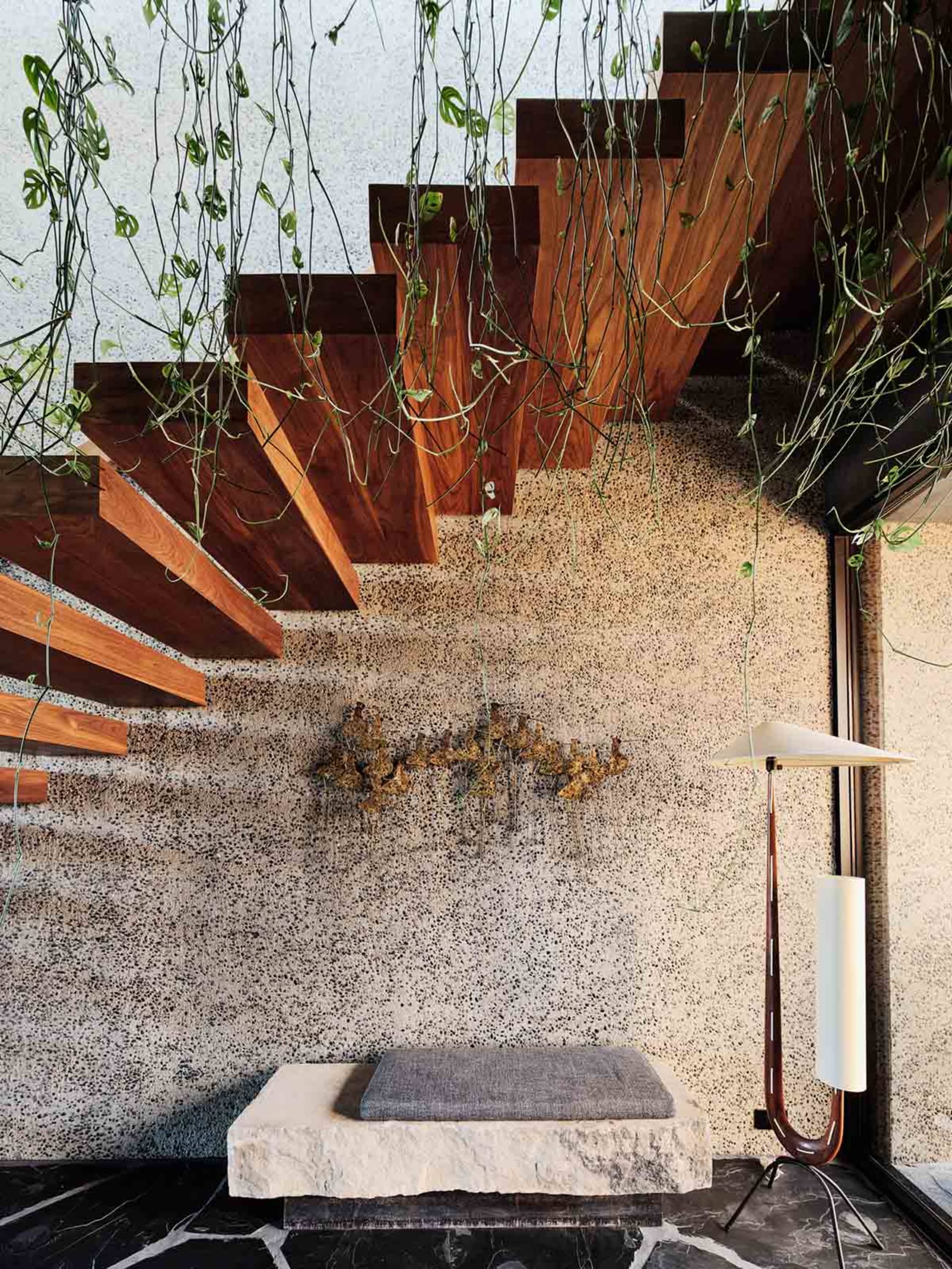 Modern interior design featuring concrete and wooden elements