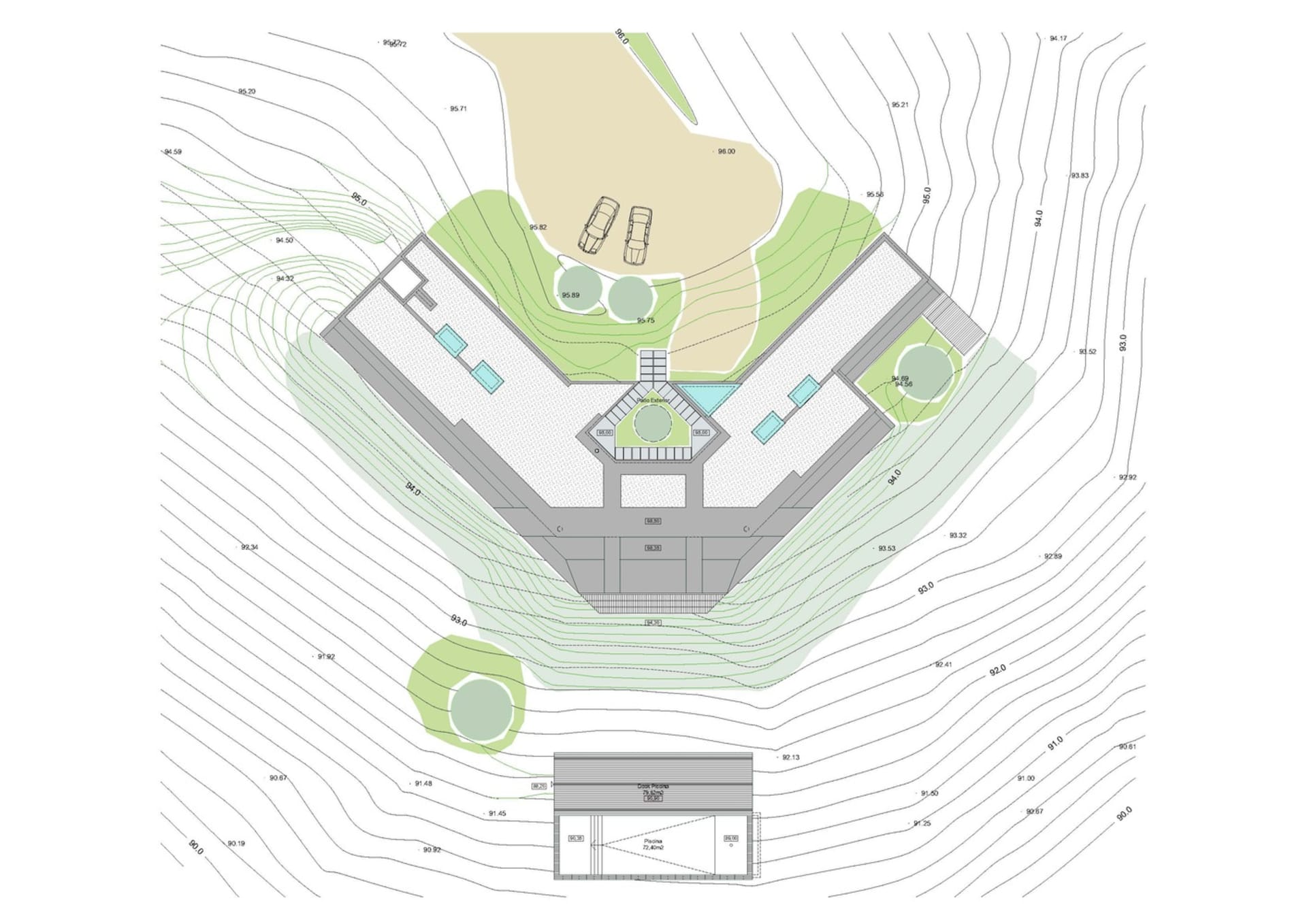 A technical drawing of a modern residential design with landscaped yards.