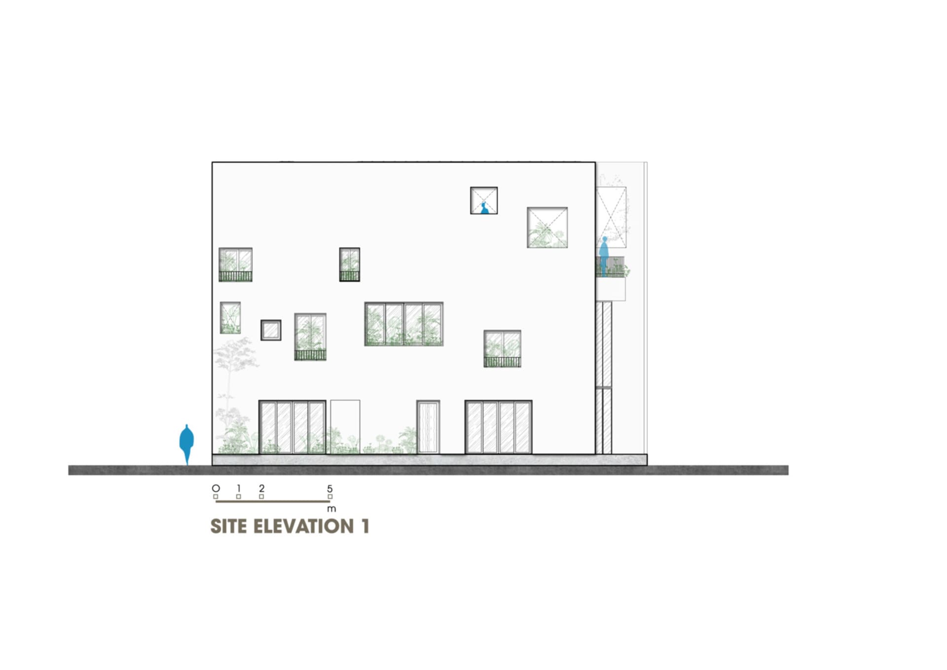 A modern architectural design featuring exterior elements with glass windows and concrete surfaces.