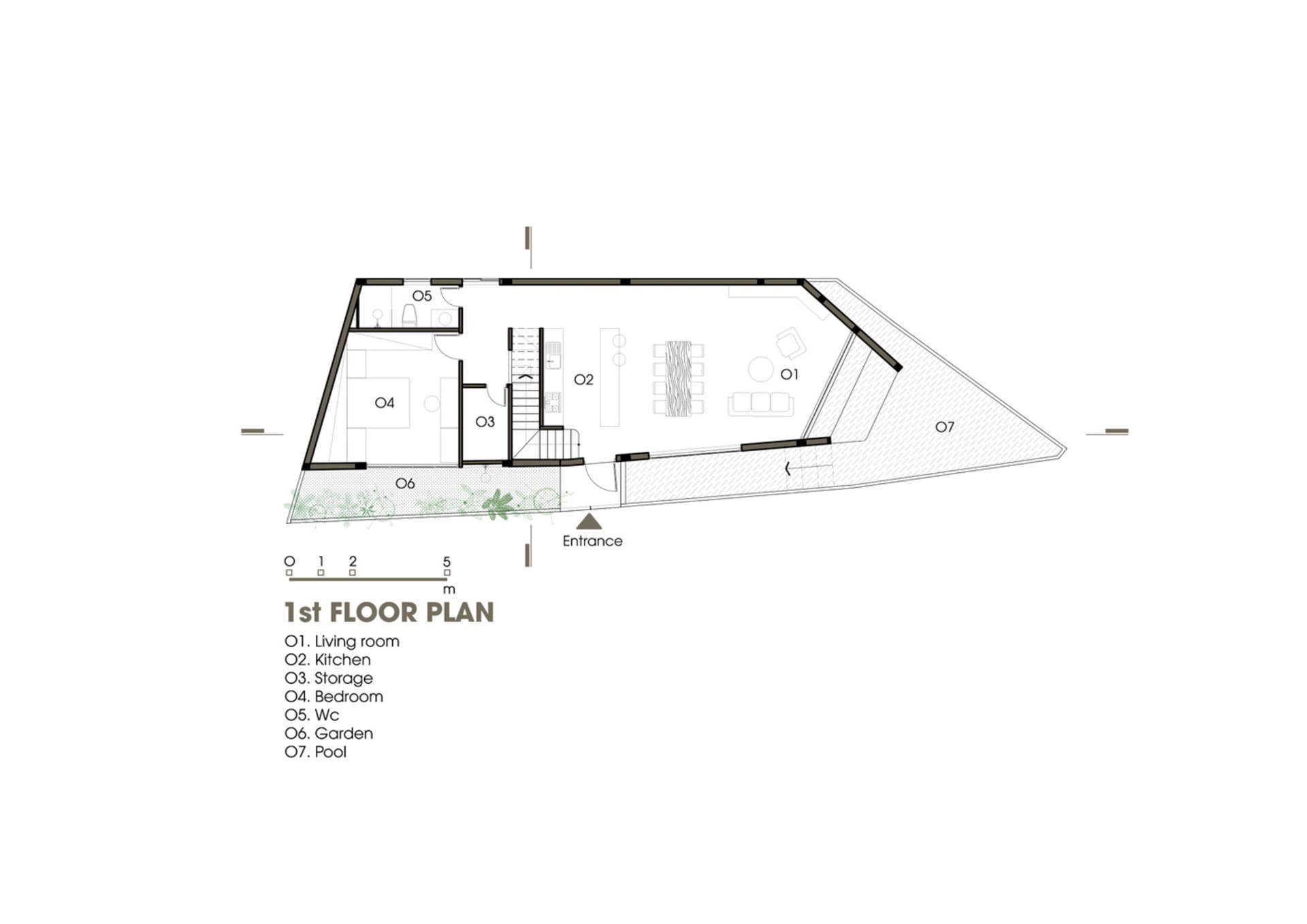 Modern house floor plan featuring a concrete foundation and various residential rooms and spaces.