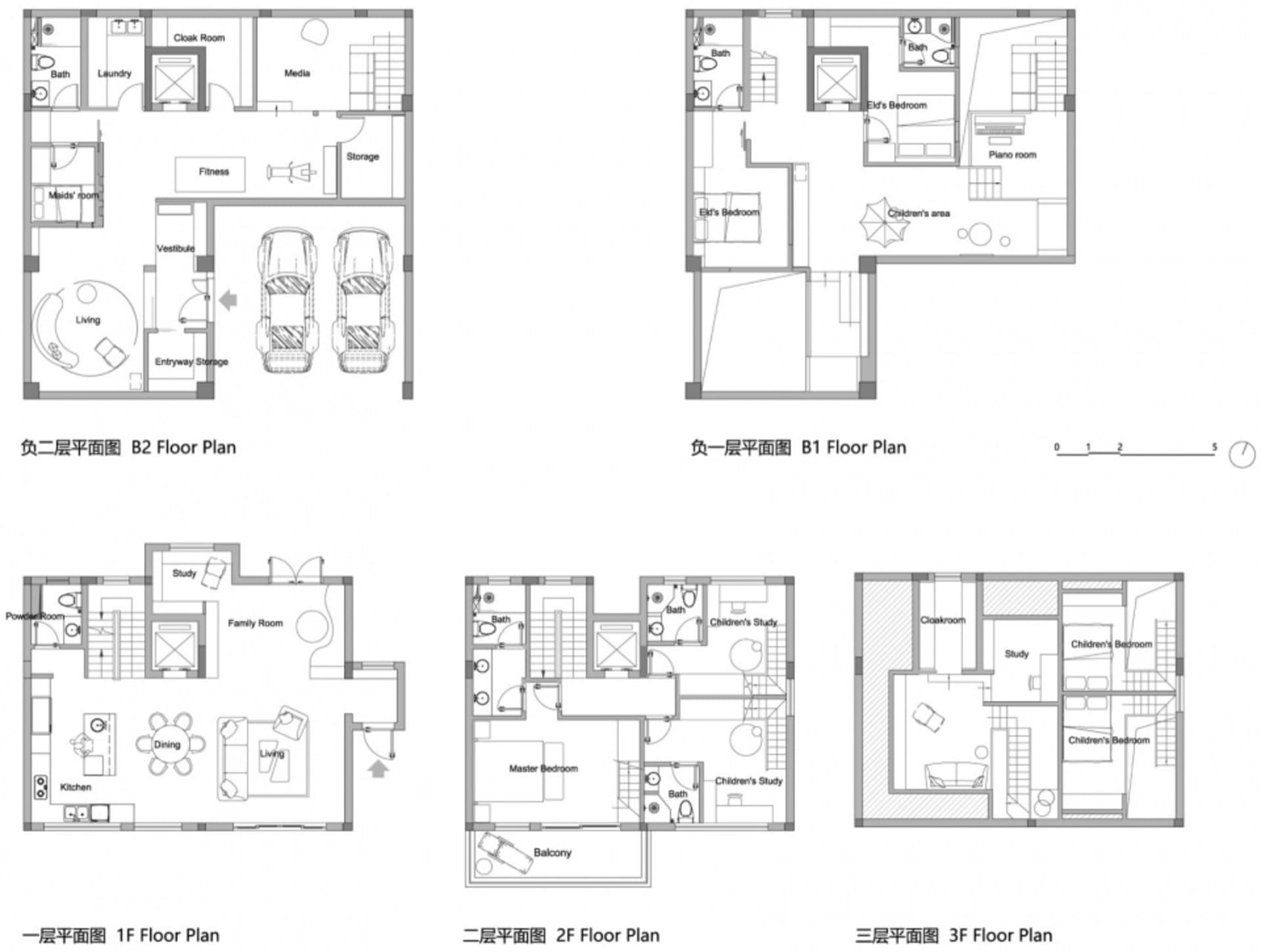 Floor plans of a modern residential house with different levels and rooms labeled.