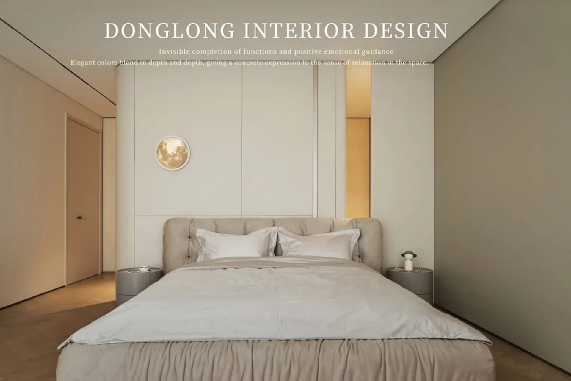 A minimalist bedroom with white walls, a beige upholstered bed, and a round gold moon art piece on the wall.