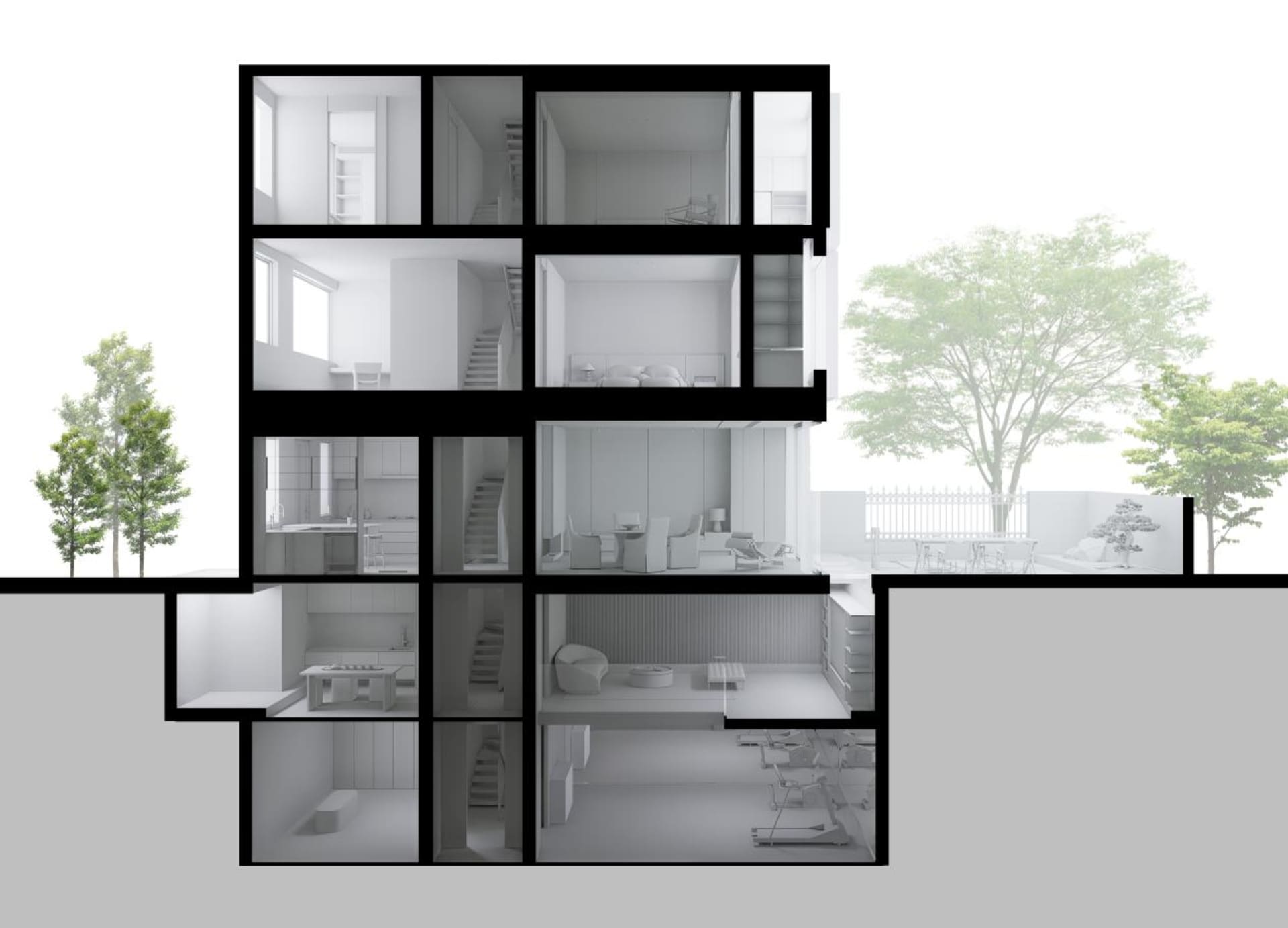 A modern apartment interior showcasing a mix of materials and sleek design elements.