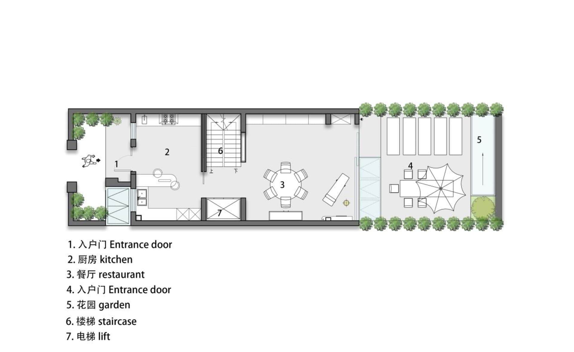 Floor plan of a modern residential building, including kitchen, dining area, and garden.
