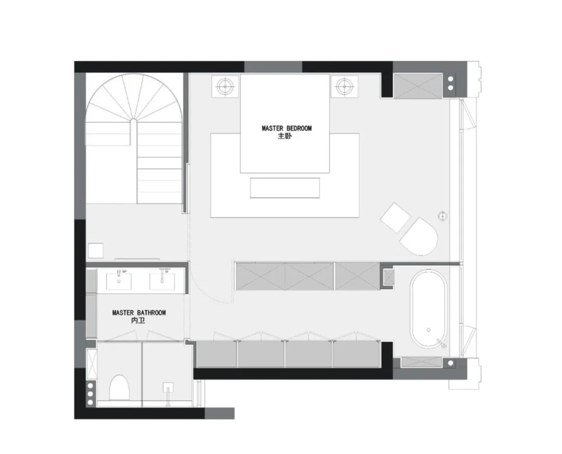Floor plan of a modern bedroom suite featuring wood, glass, and concrete materials.