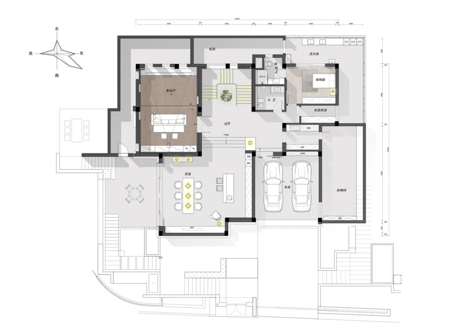 Modern living room with neutral color scheme and layout plan.