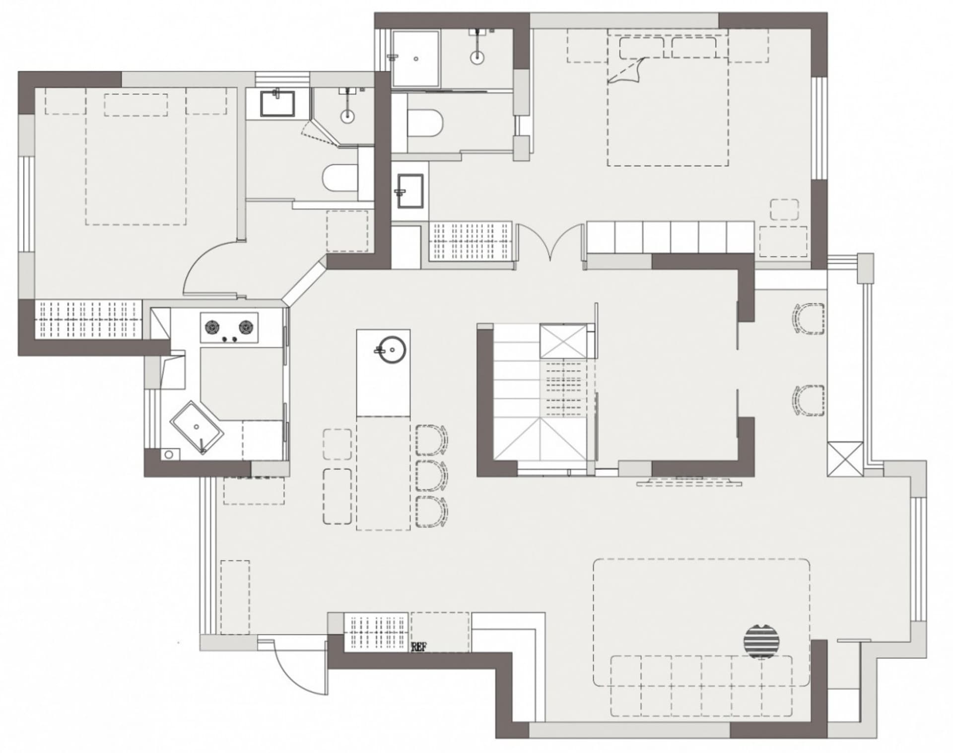 A floor plan of a modern residential interior with two bedrooms, a living area, and a kitchen.