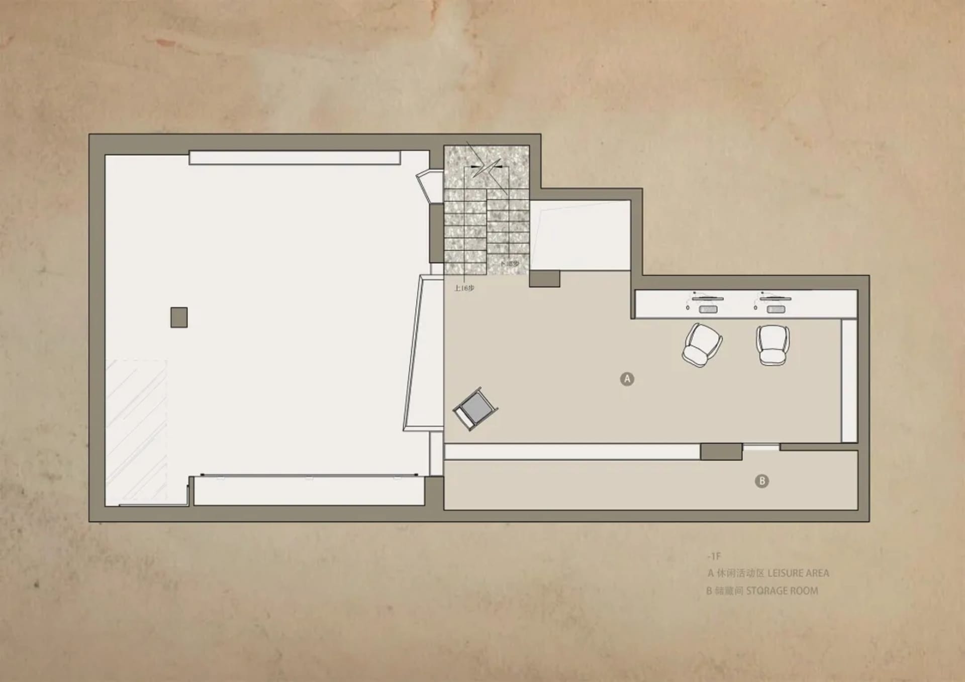 Industrial floor plan featuring a staircase with a mixed material design.