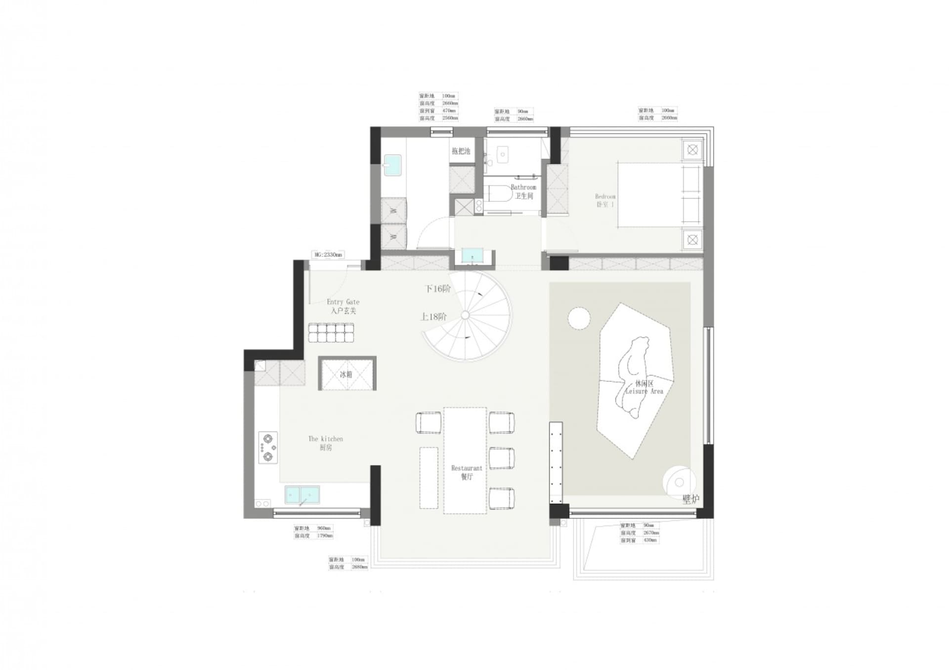 Modern apartment layout with minimalist design, featuring a kitchen, living area, and bedroom with a central staircase and le