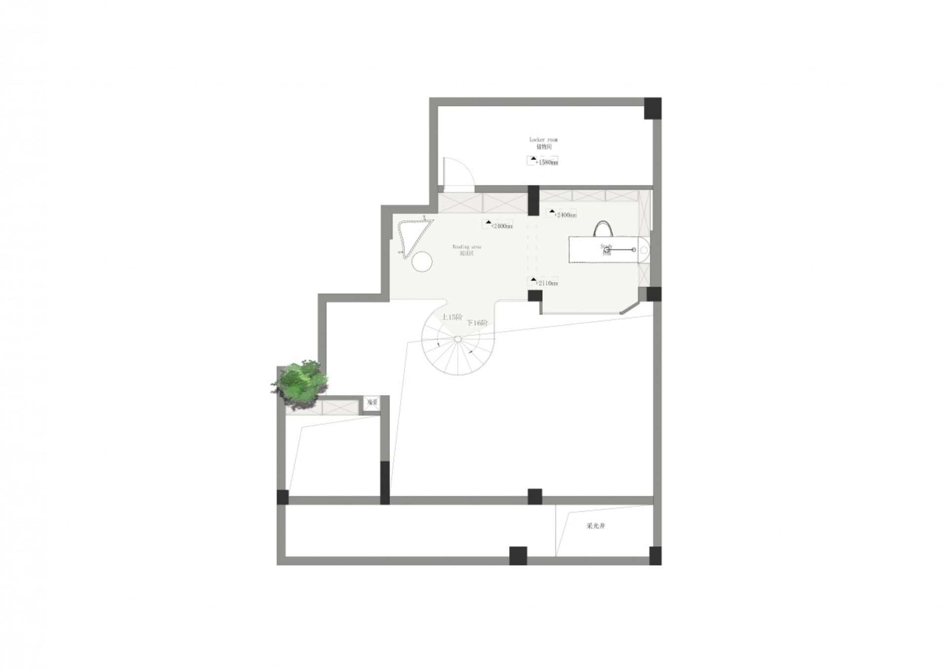 現代住宅平面圖的2D建築繪圖。