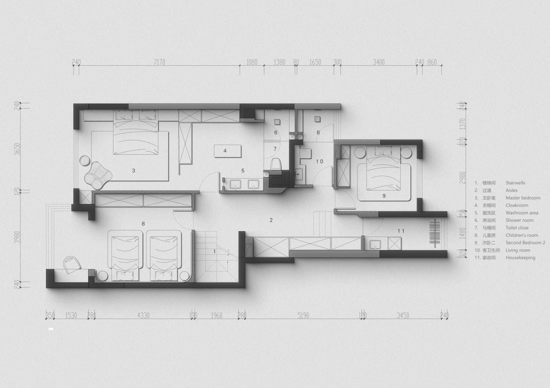 Modern house floor plan with two bedrooms, living room, kitchen, and bathroom.