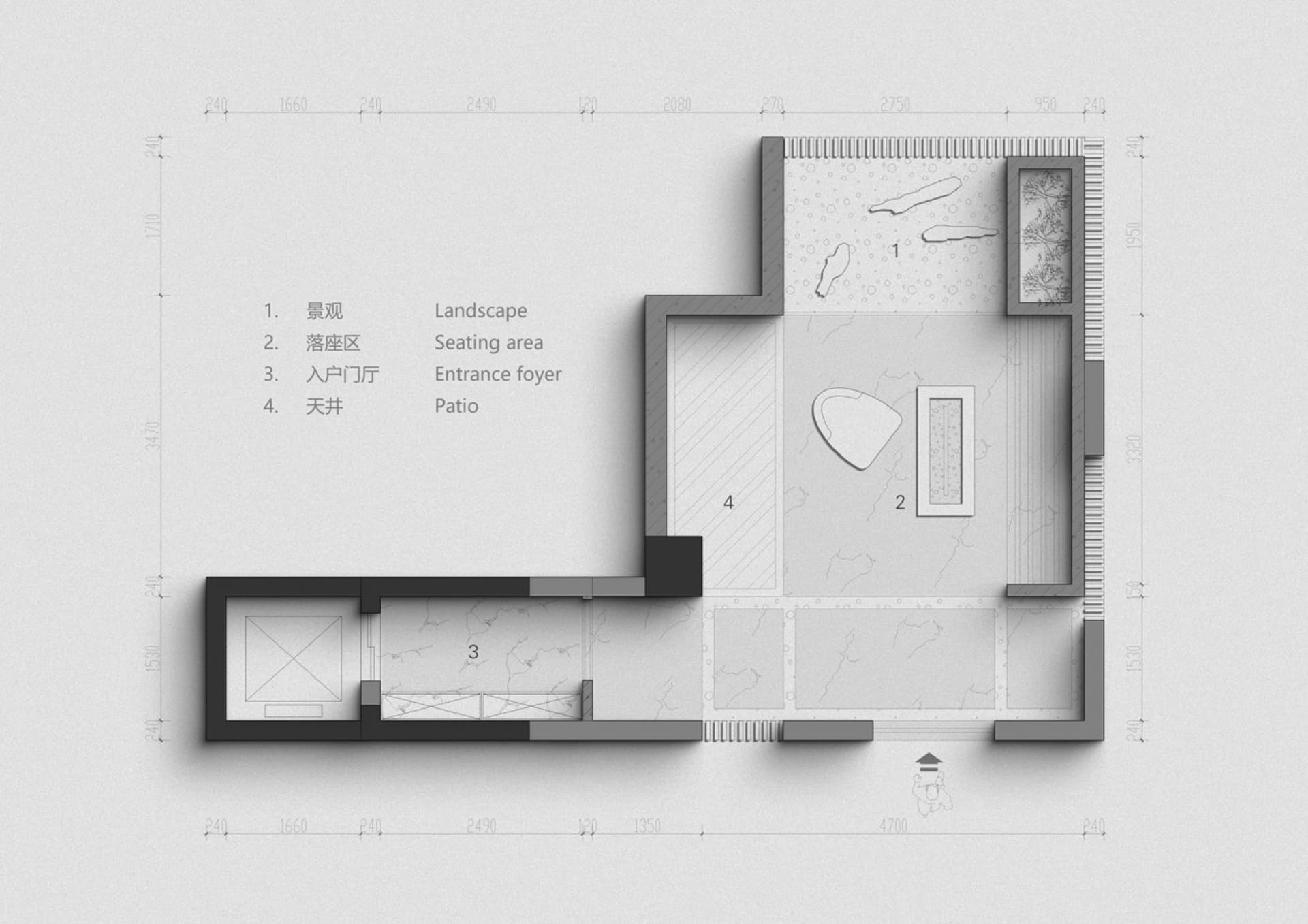 A modern concrete floor plan with a seating area, entrance foyer, and patio.