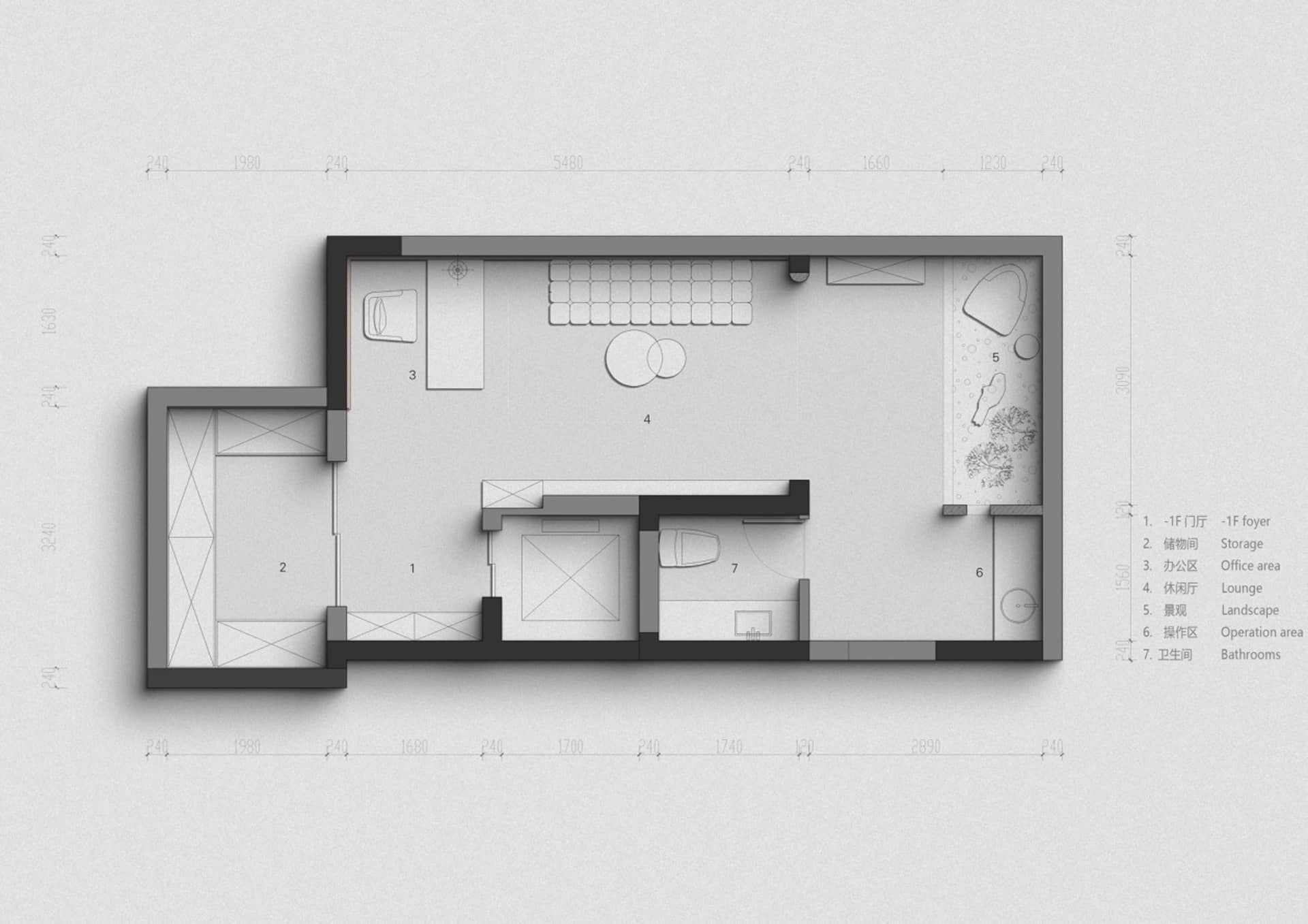 一張極簡黑白建築平面圖,展示現代住宅的空間配置。