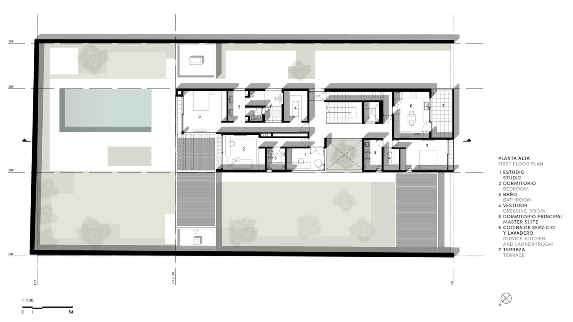 Floor plan of a modern residential building with a study, bedroom, bathroom, dressing room, master suite, service kitchen, la