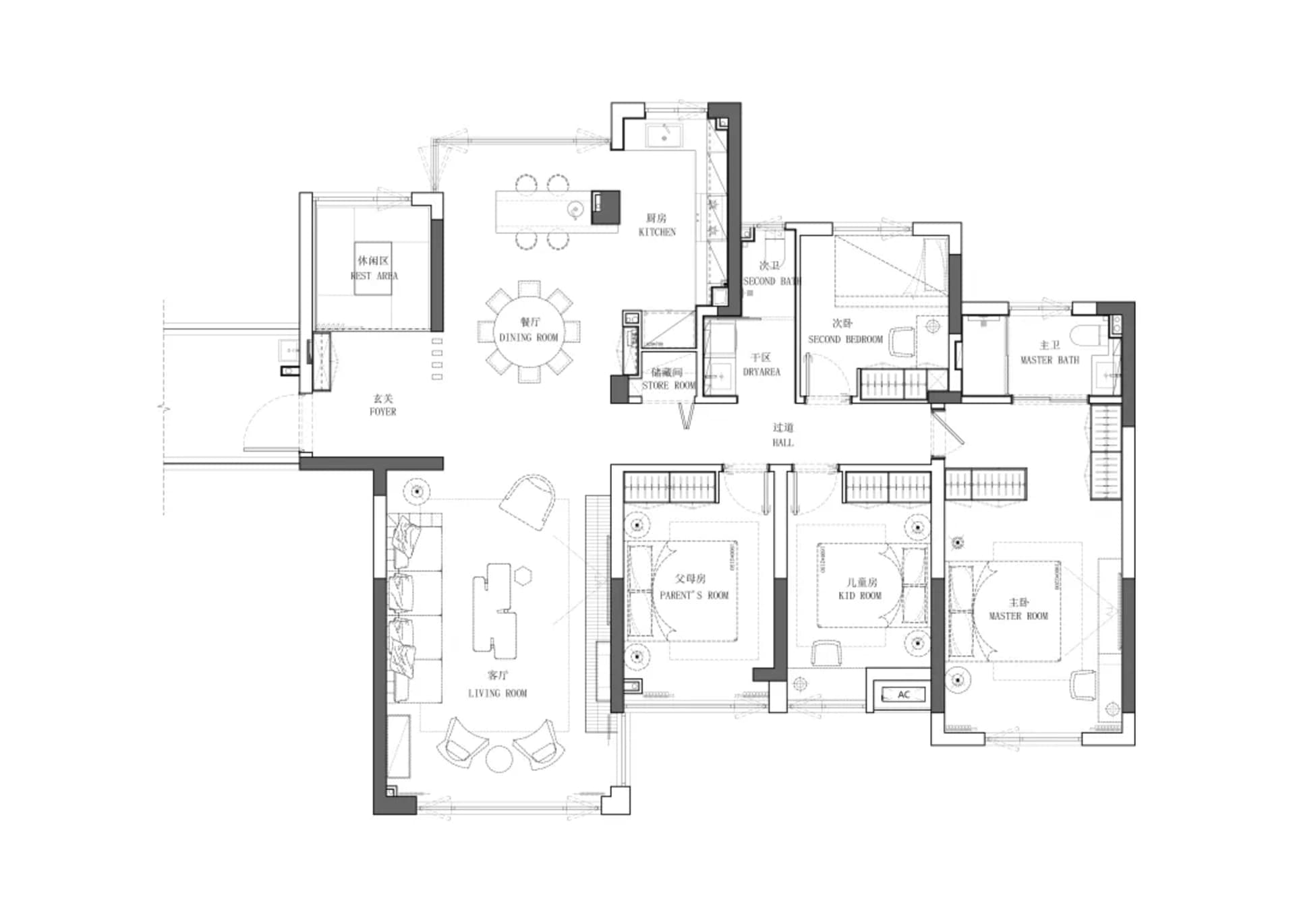 Detailed architectural layout of a house interior, including rooms, furnishings, and spatial arrangements.