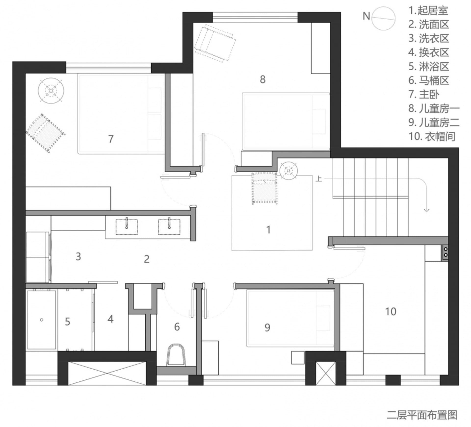 現代家庭住宅二樓平面圖,展示臥室、衛浴與客廳區域的配置。