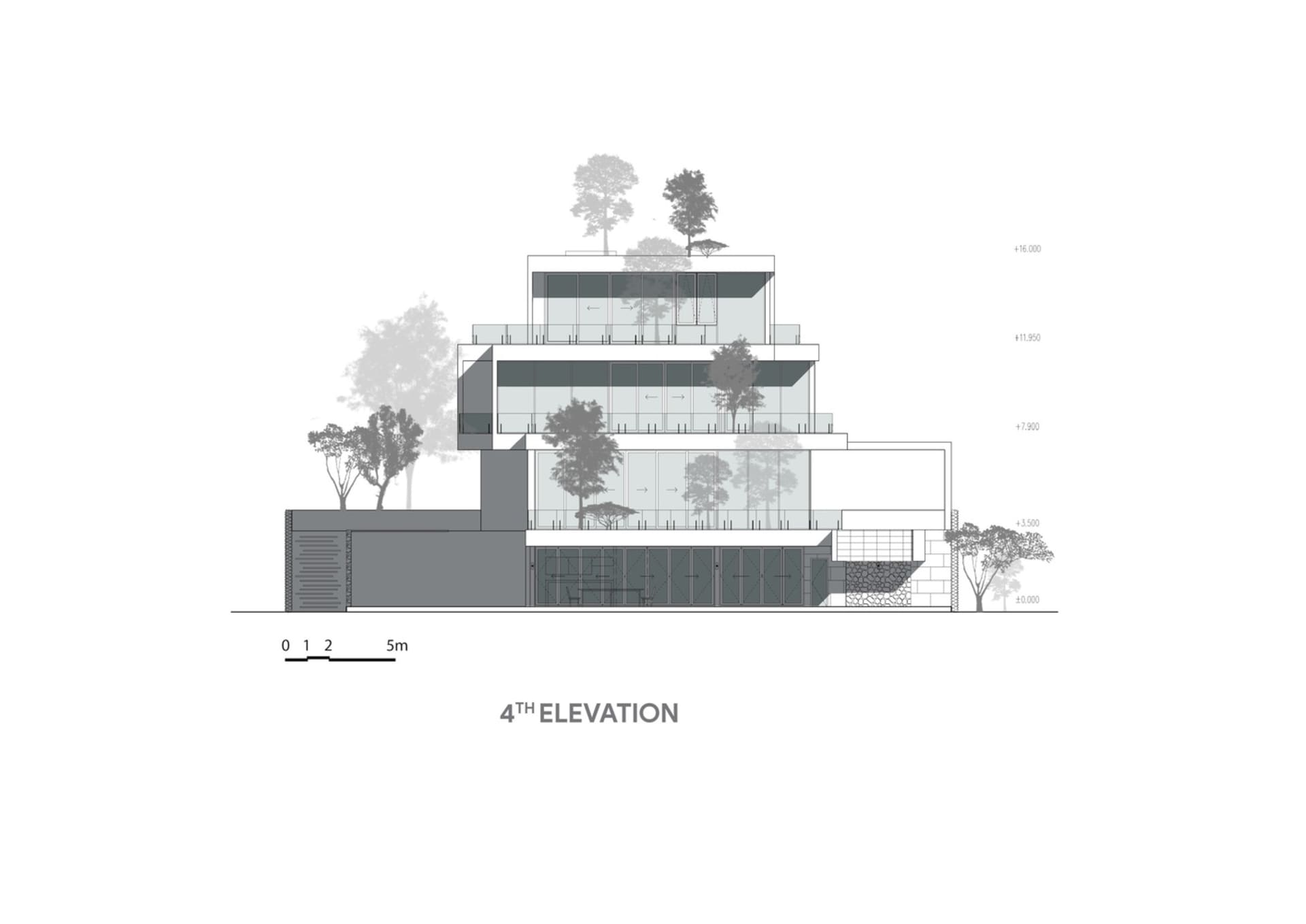 一座現代建築立面，採用玻璃材質並擁有四層樓。