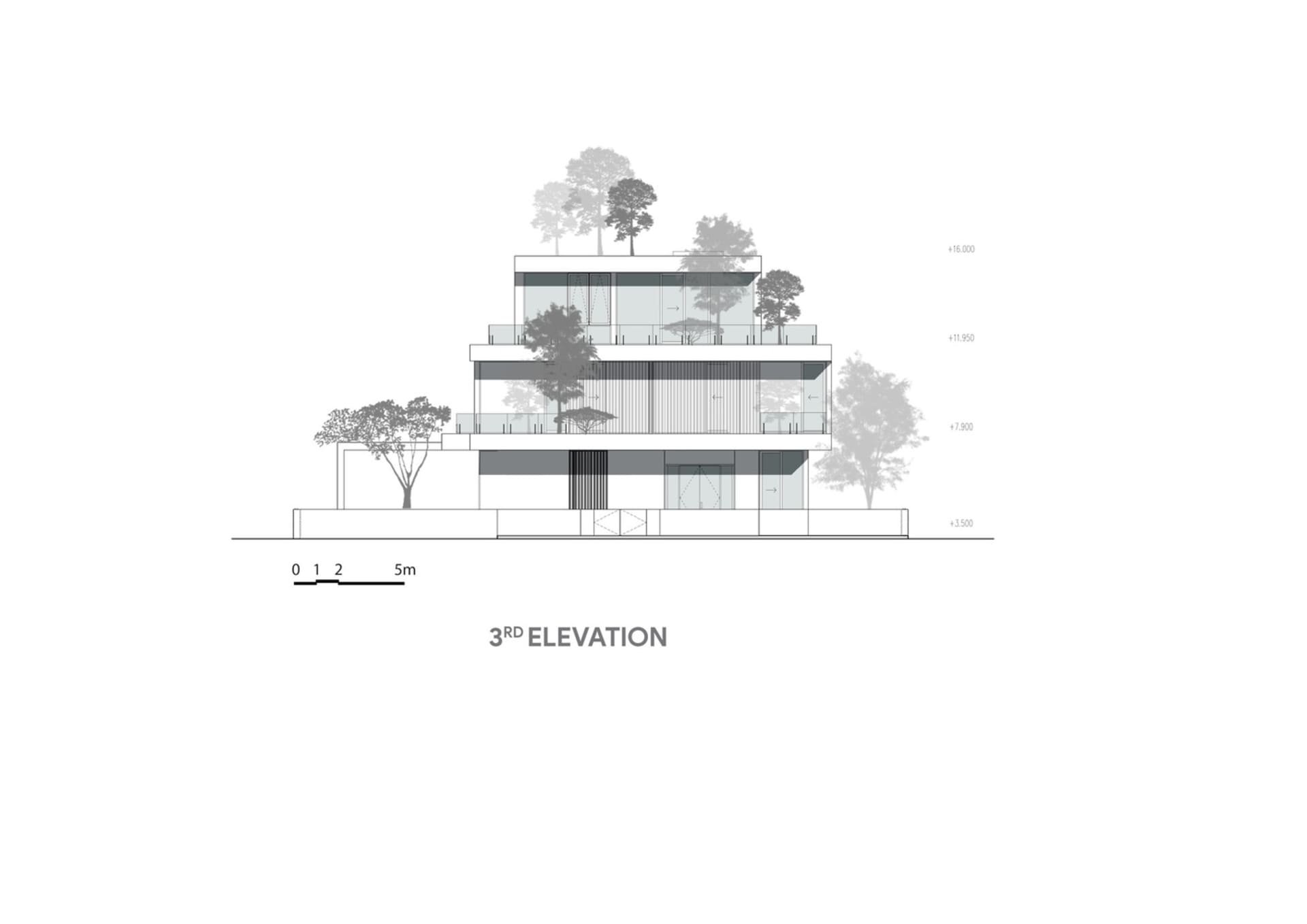 現代住宅外觀,玻璃屋頂、白色牆面與高聳樹木