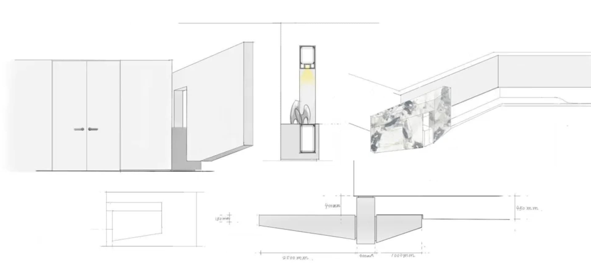 Floor-plan of an architecturally designed interior with wooden materials.